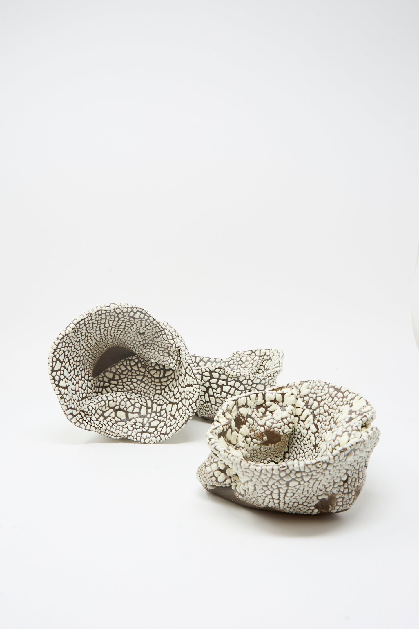 The Folded Wavy Bowl in Crawl II by MONDAYS features organic, curved forms with a crawling white glaze and rough, cracked texture. Brooklyn-inspired, this ceramic piece is set against a plain white background, evoking the feel of a hand-built bowl.