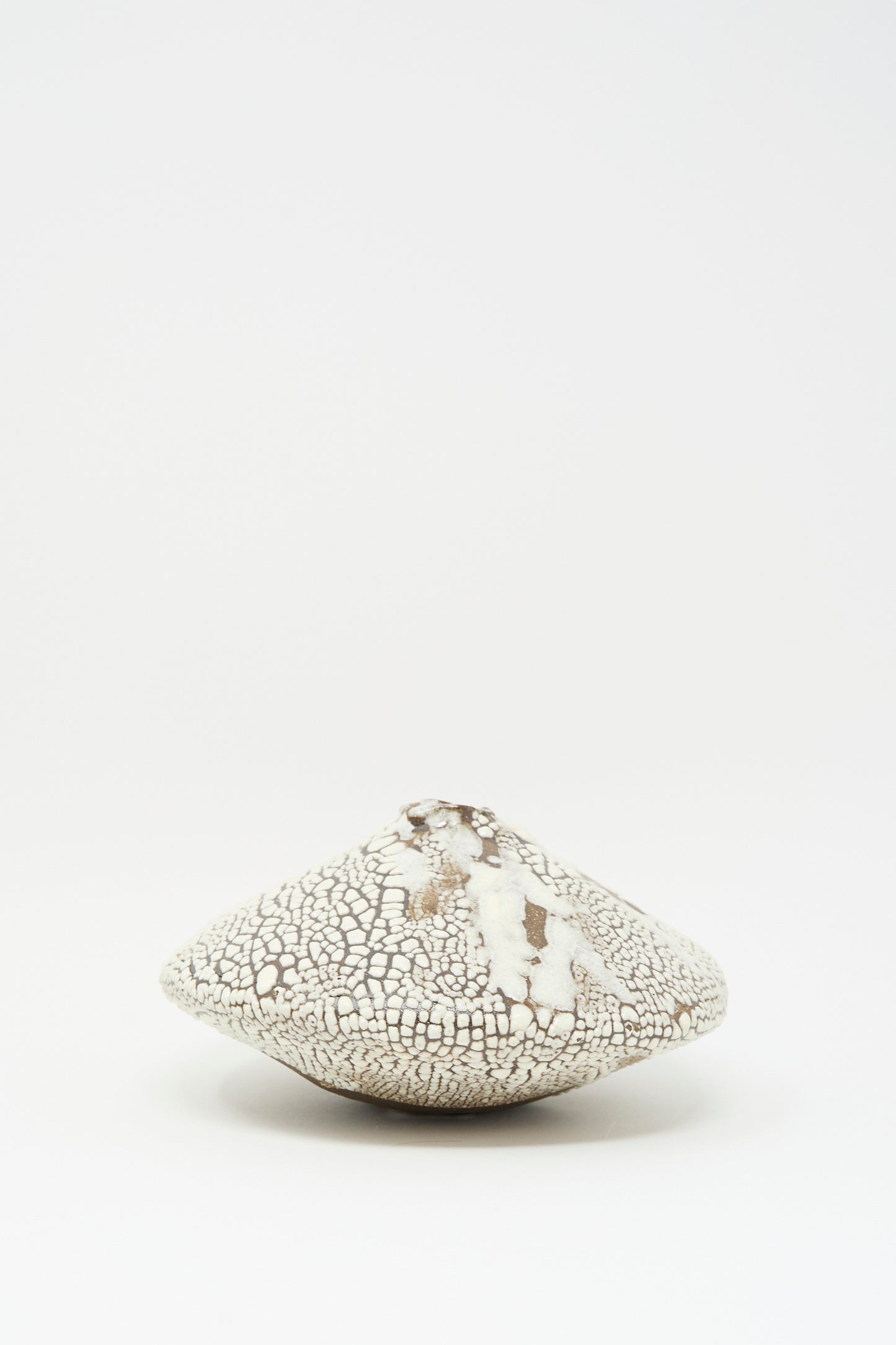 The Ikebana Vase in Crawl by MONDAYS, a round, flat white ceramic piece with a cracked crawling glaze, sits on a plain white background.