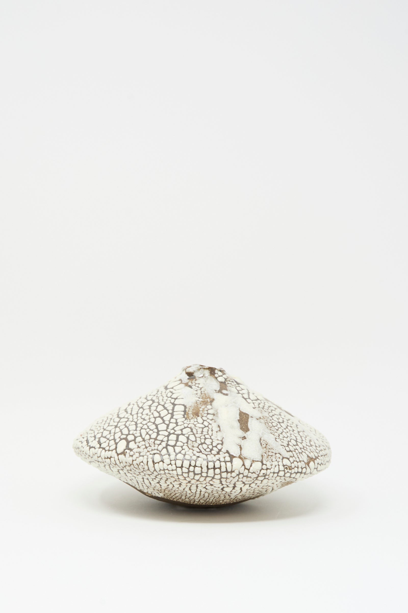 The Ikebana Vase in Crawl by MONDAYS, a round, flat white ceramic piece with a cracked crawling glaze, sits on a plain white background.