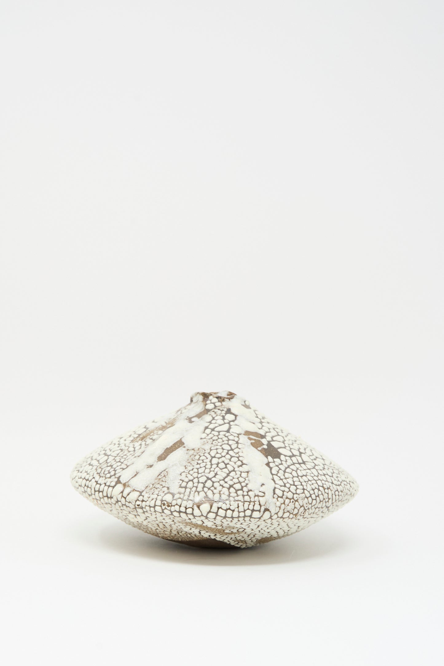 The Ikebana Vase in Crawl by MONDAYS features a wide, flat form with a narrow, uneven top and a crawling white glaze accented with brown. Shown against a plain white background.