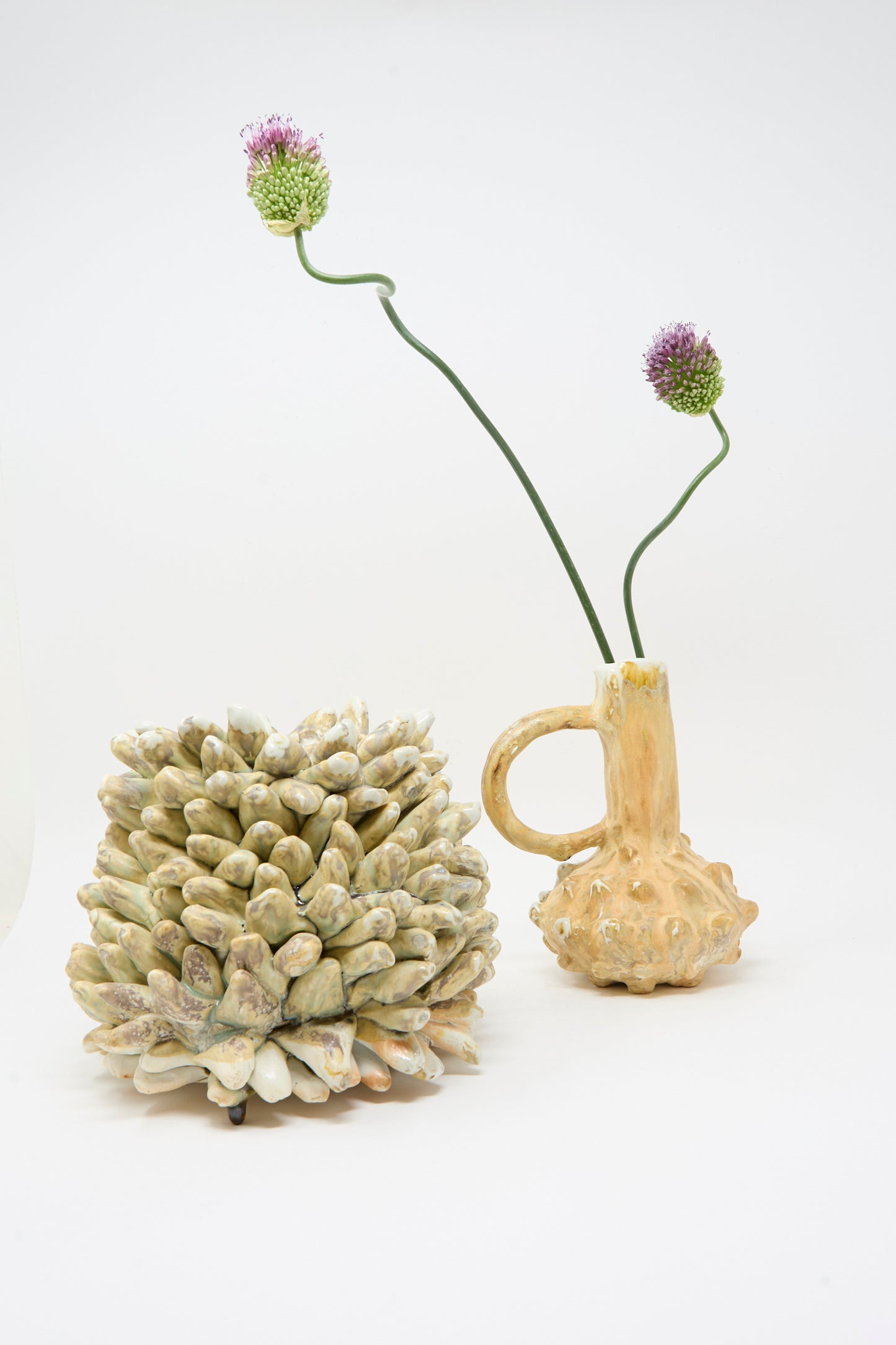 The MONDAYS Soda-Fired Rasmus Bump Vase, featuring a textured, bulbous ceramic design, holds two curved allium stems, with a large spiky porcelain vessel placed beside it on a white background.