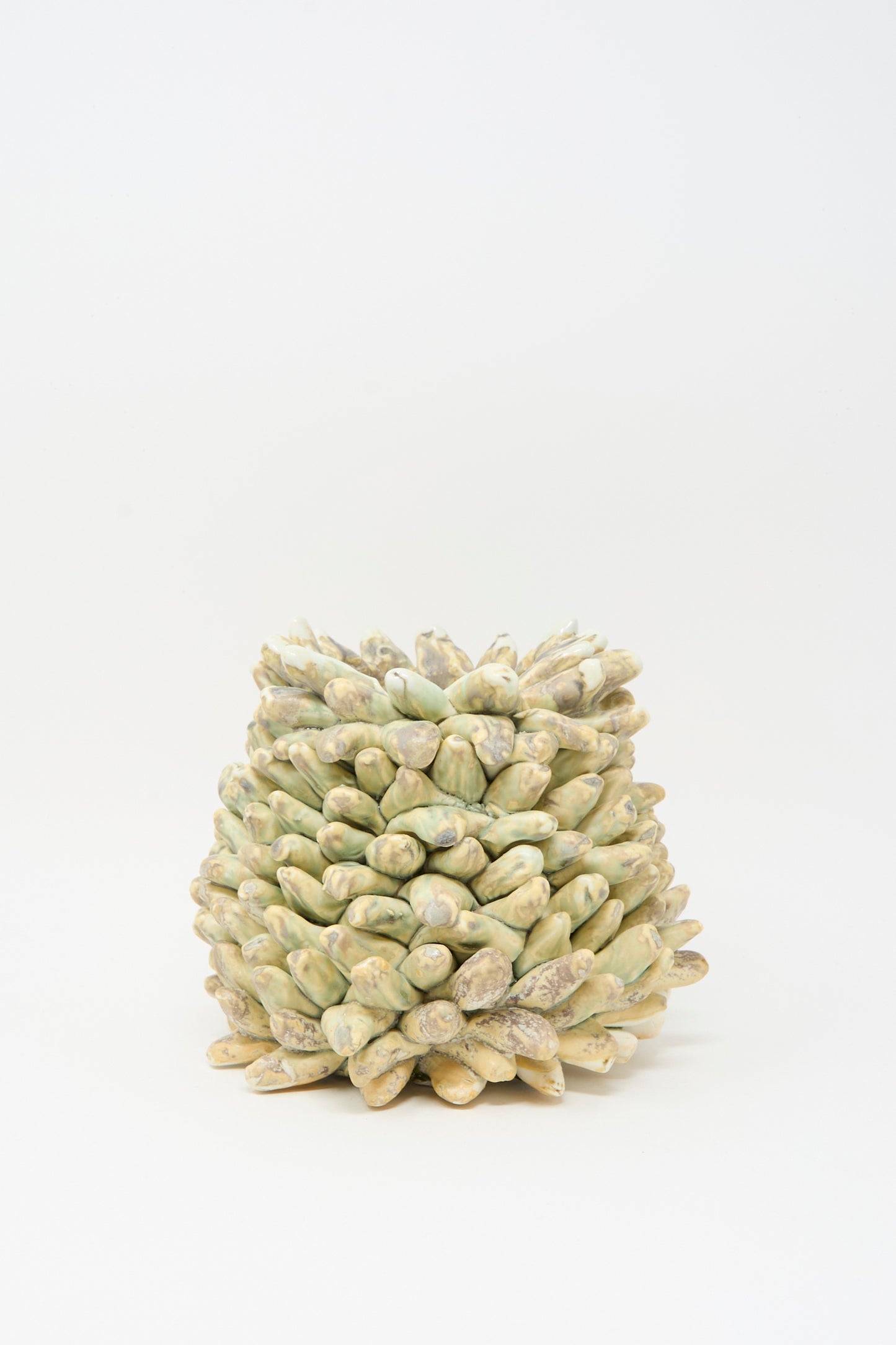 A close-up of the Soda-Fired Rasmus Bump Vase by MONDAYS, its pale green textured surface resembling a succulent plant against a plain white background, evoking the intricate look of handmade porcelain.
