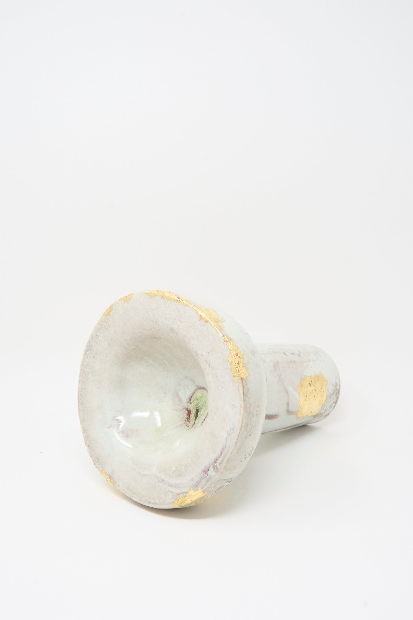 The MONDAYS Wood-Fired Porcelain Pedestal Bowl with Gold Leaf has a wide, rounded base, narrow neck, pale glaze, and visible gold repairs, shown on a plain white background.
