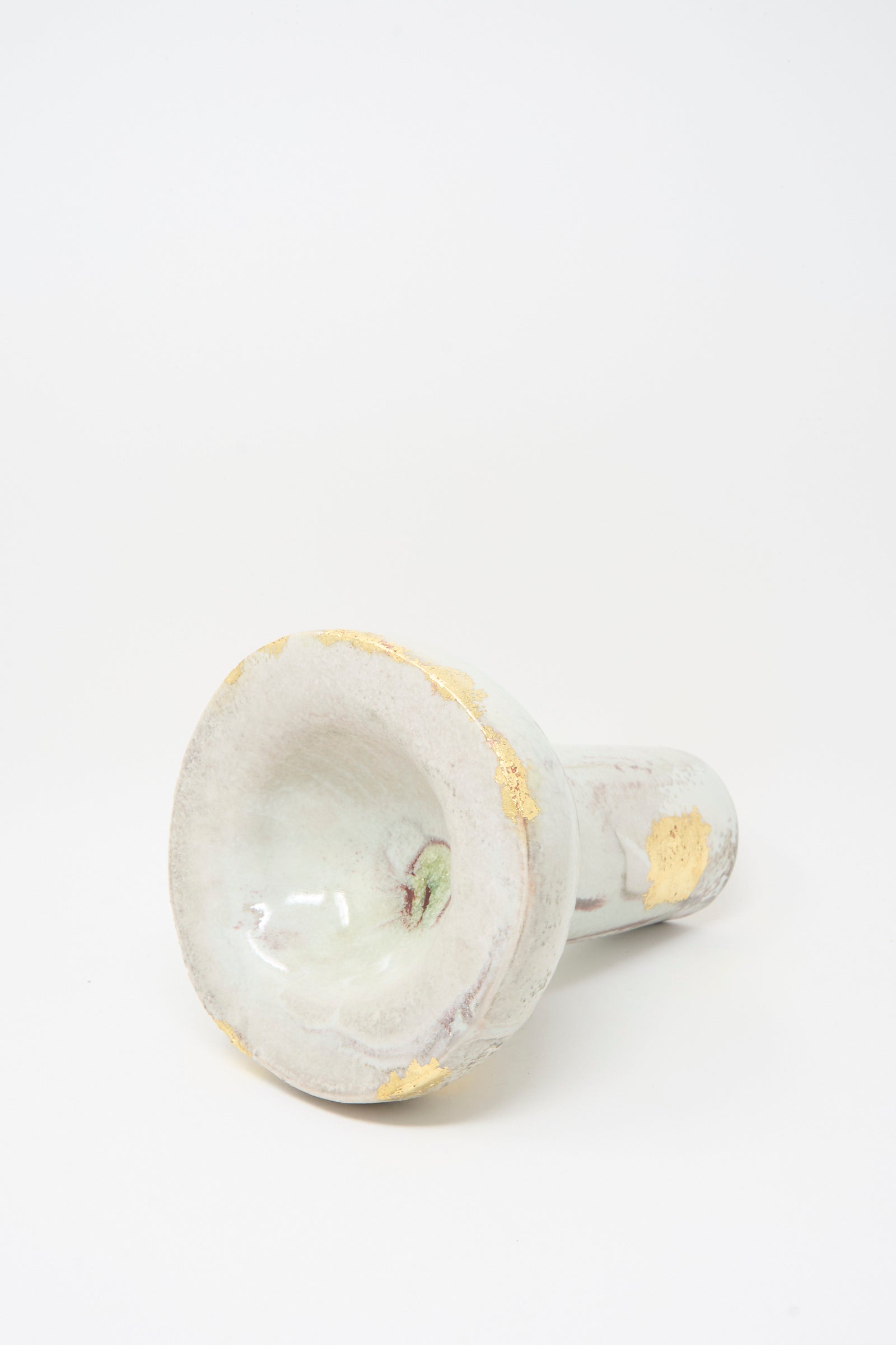 The MONDAYS Wood-Fired Porcelain Pedestal Bowl with Gold Leaf has a wide, rounded base, narrow neck, pale glaze, and visible gold repairs, shown on a plain white background.