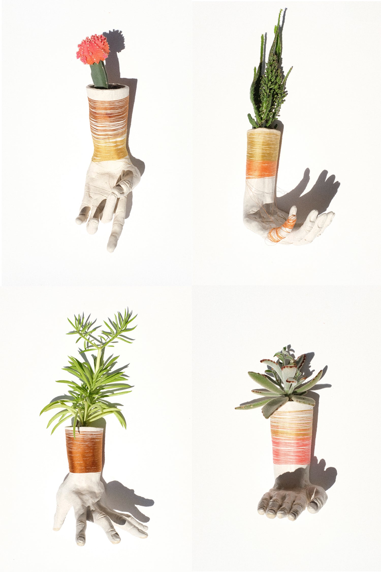 Four ceramic hands with plants inside and colorful thread wrapped around against a white background.