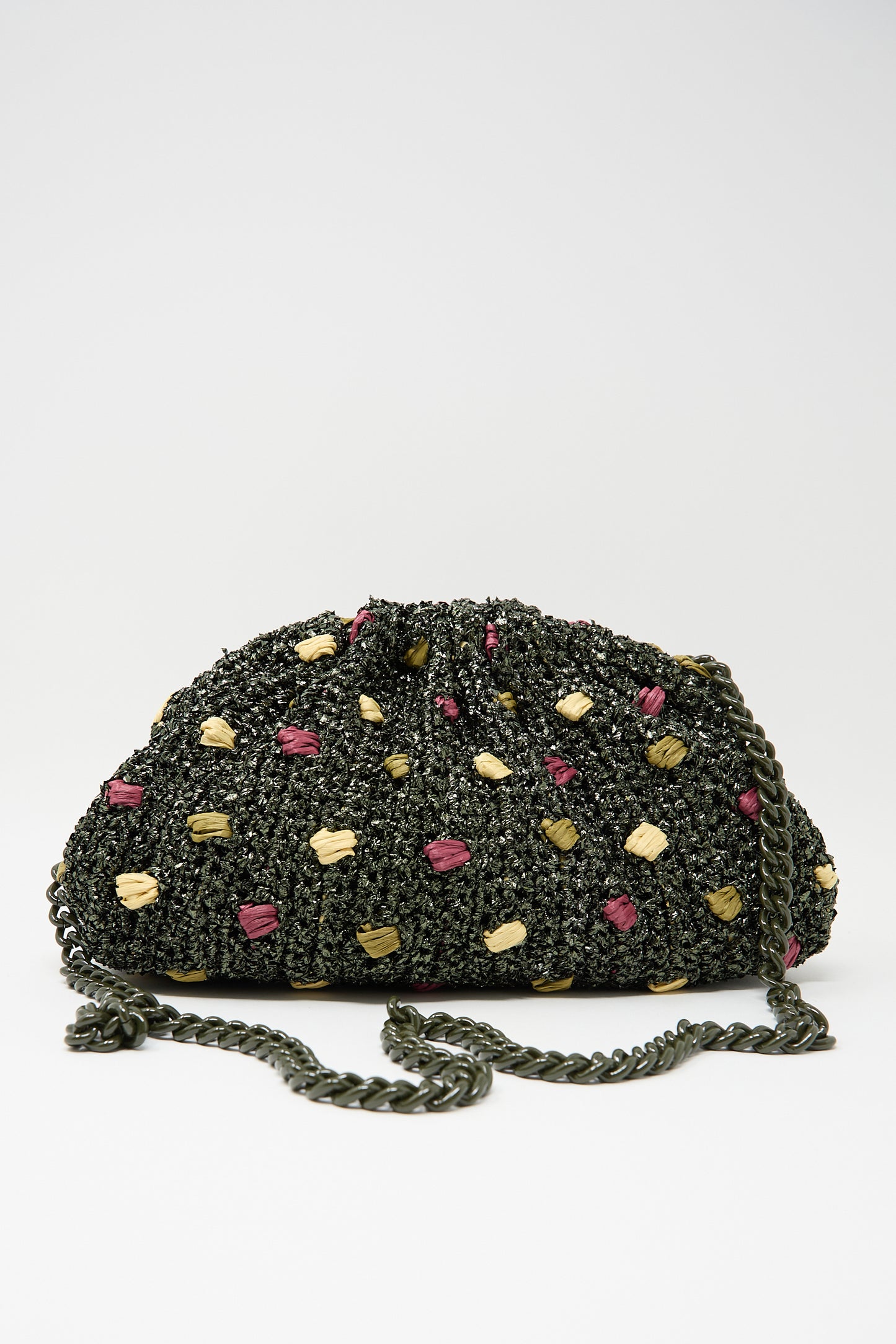 Maria La Rosa's Candy Peanuts Game Bag in Military, featuring a black beaded design with colorful dot accents and a metallic crochet chain shoulder strap, displayed against a plain white background.