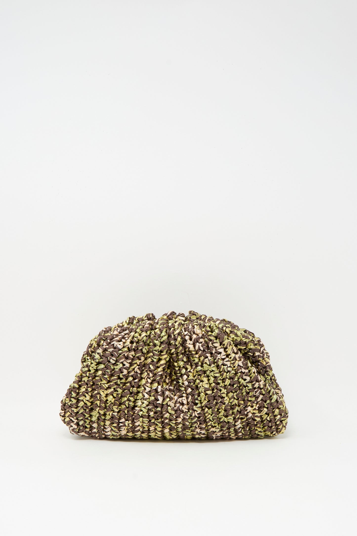 The Maria La Rosa Earth Game Crochet Bag in Natural, a raffia clutch in brown, green, and beige tones, is displayed against a plain white background.