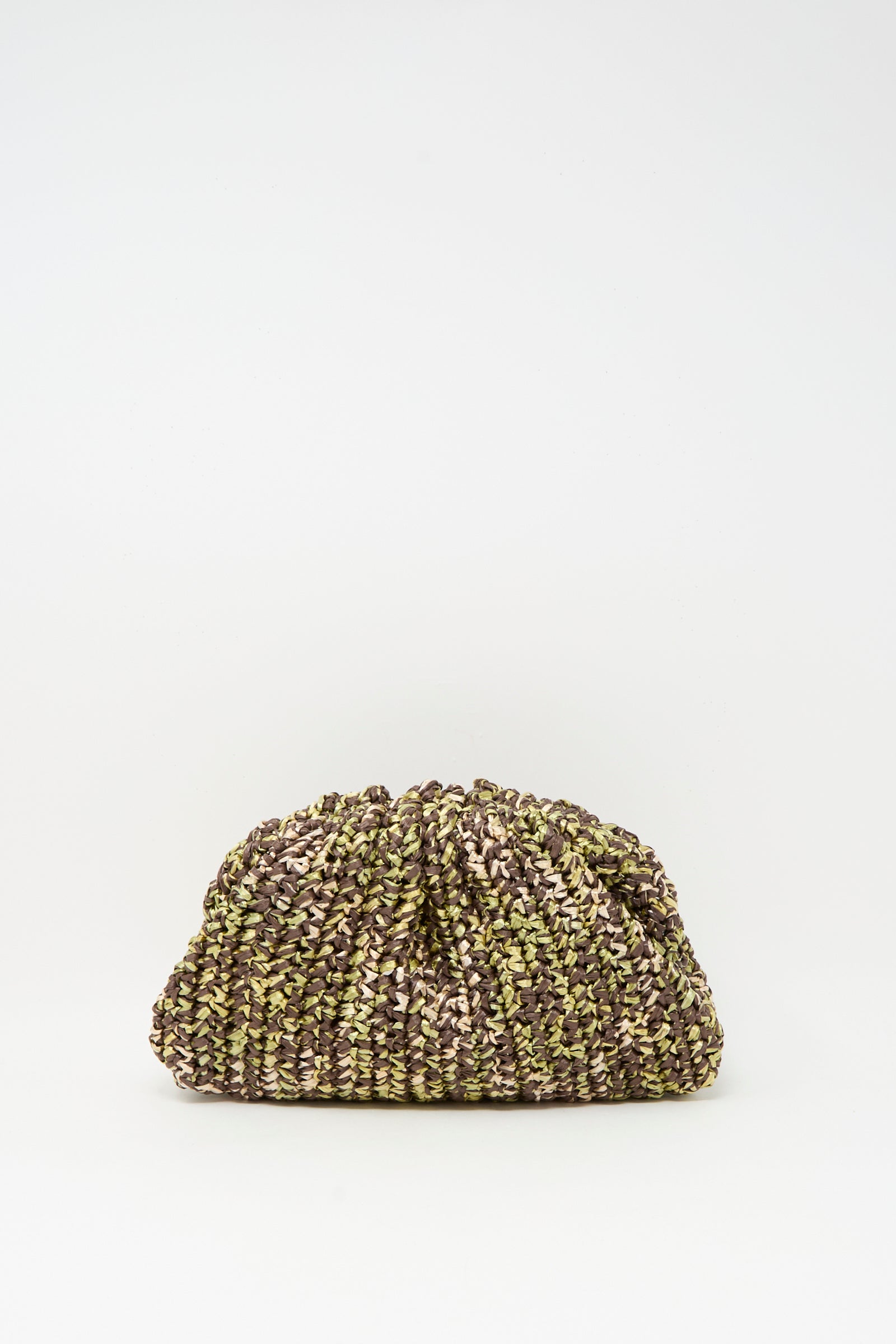 The Maria La Rosa Earth Game Crochet Bag in Natural, a raffia clutch in brown, green, and beige tones, is displayed against a plain white background.