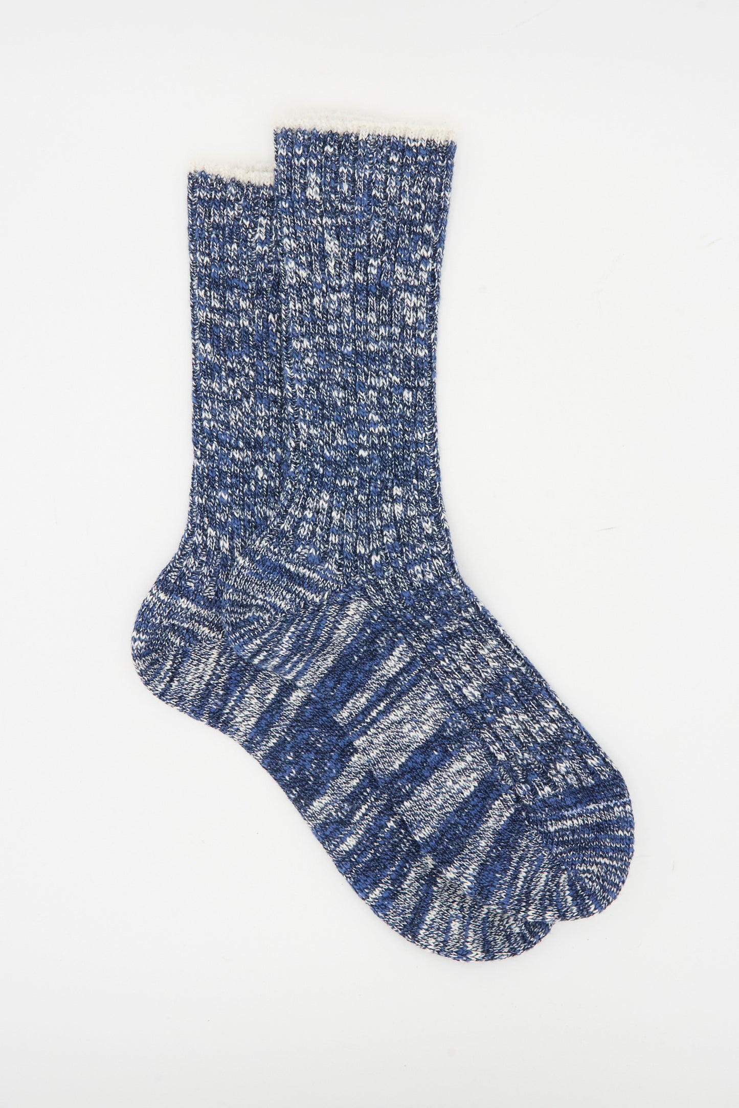 The Maria La Rosa Earth Sock in Navy, featuring a blue and white melange pattern, is made in Italy and shown laid flat on a white background.