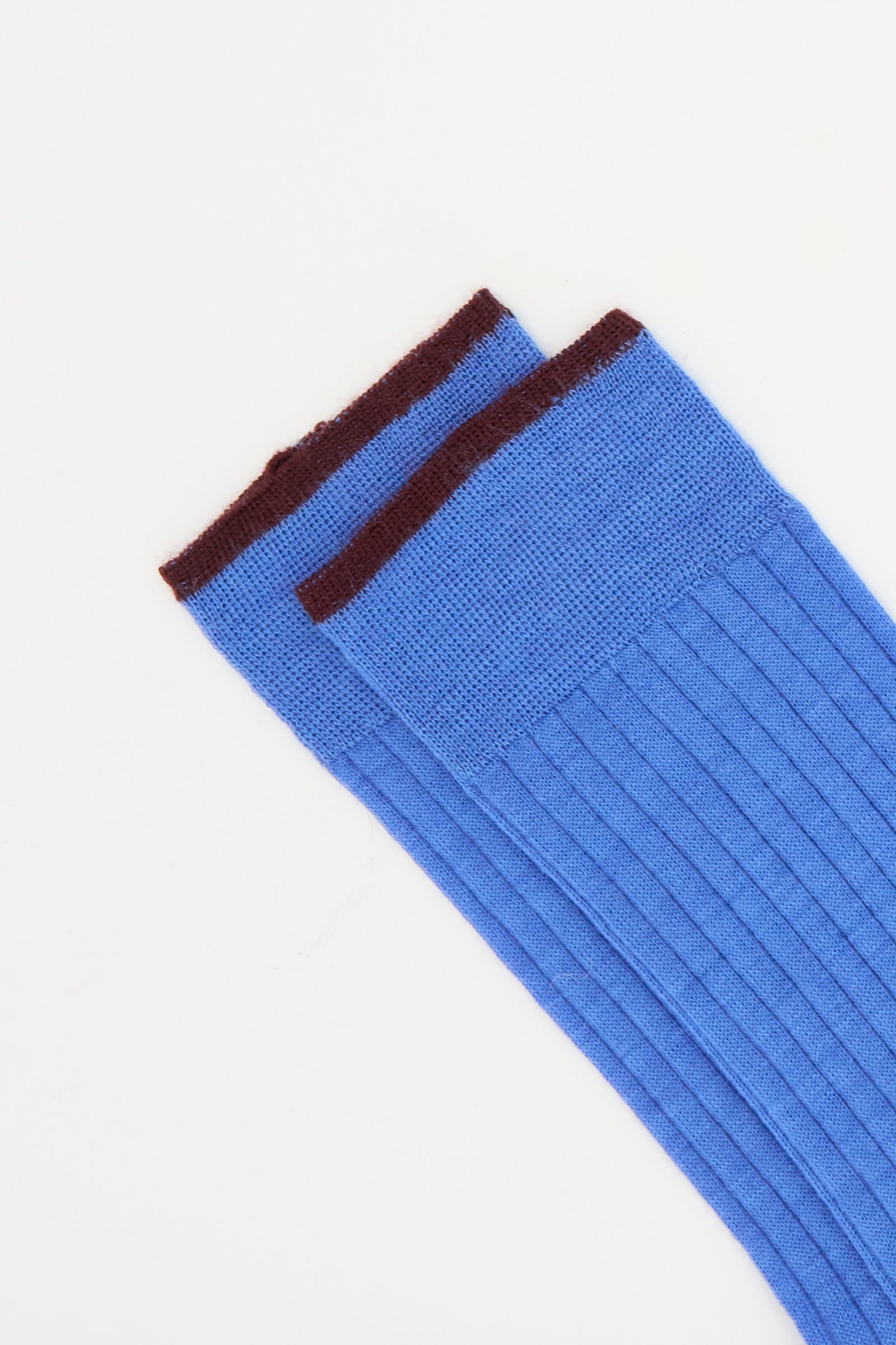 Maria La Rosa's Long Sock in Aviatore: ribbed blue over-the-knee socks with brown trim, crafted from soft cotton and displayed flat on a white background.