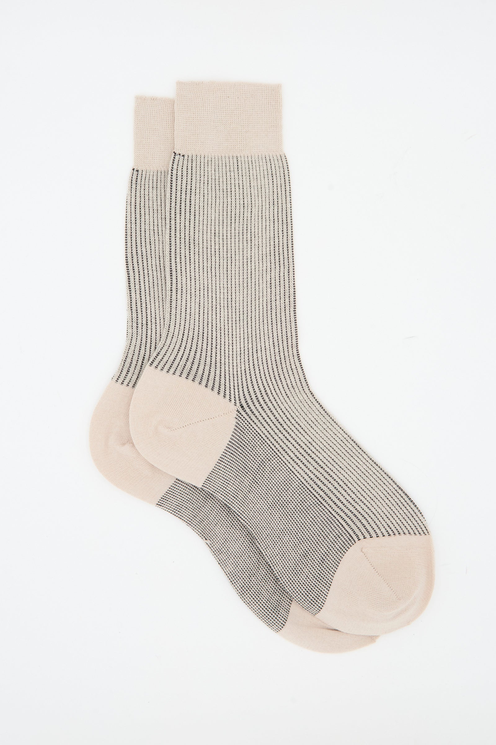 The Sock in Natural by Maria La Rosa is a pair of beige and gray ribbed cotton ankle socks with reinforced toes, heels, and cuffs, made in Italy and shown laid flat on a white background.