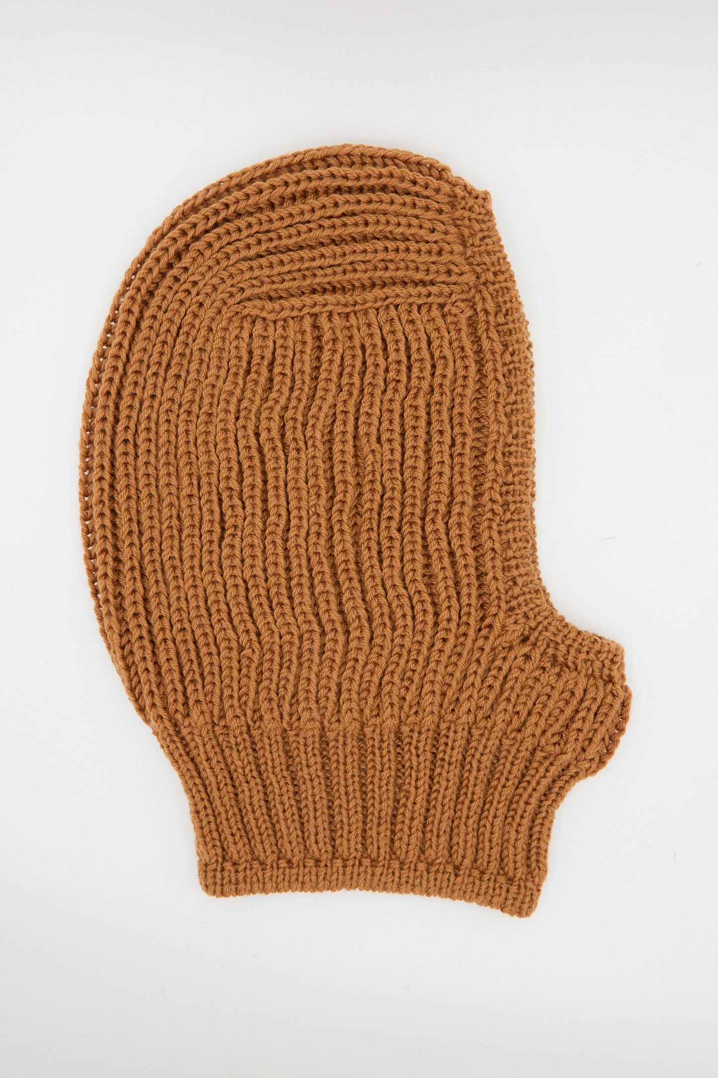 The Wool Balaclava Lina in Rust by Maria La Rosa, a handmade brown rib knit piece from Italy, is displayed flat on a white background.