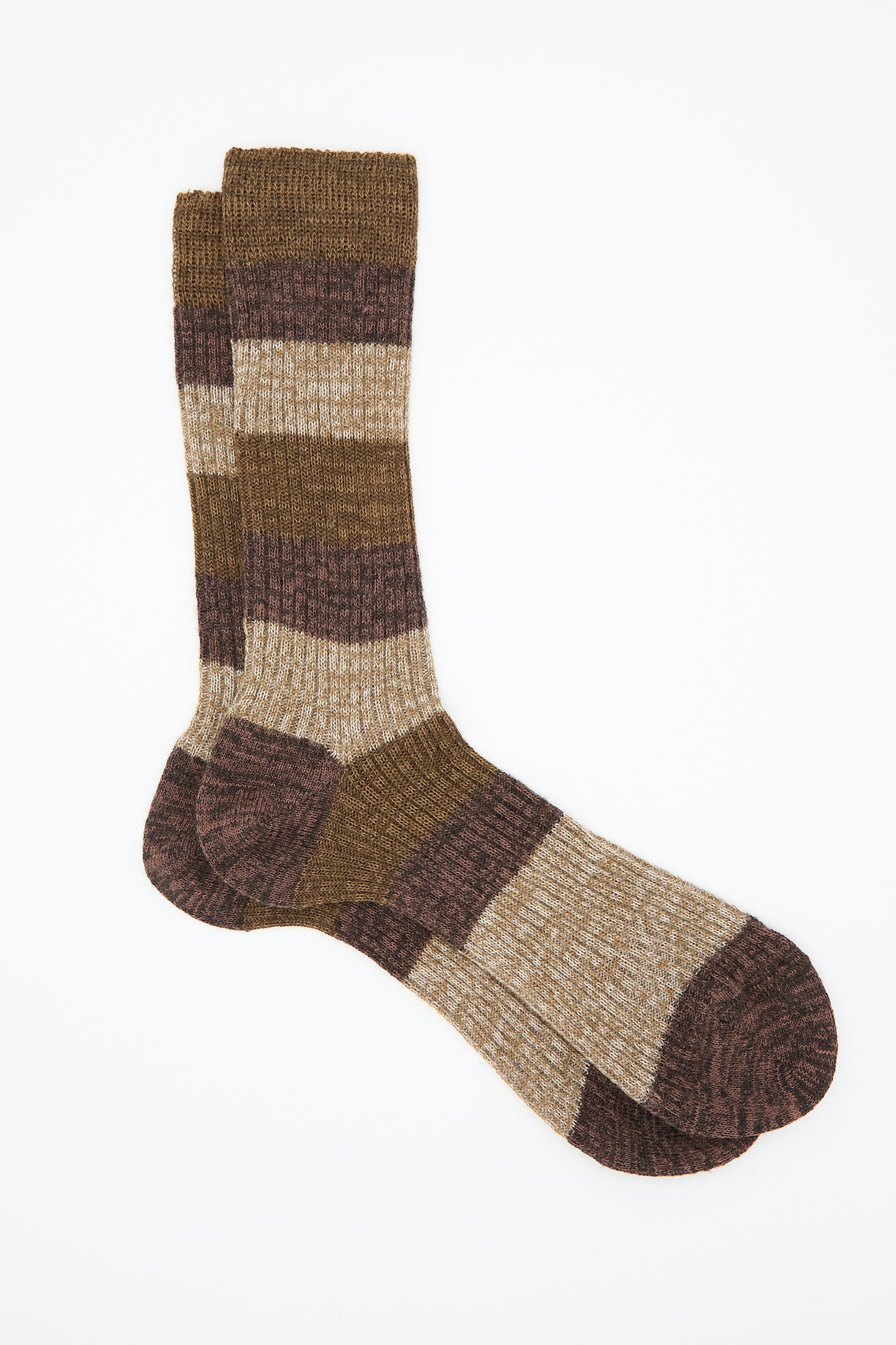 A pair of Maria La Rosa's Sock in Brown, featuring a ribbed wool blend with brown and beige stripes and reinforced heels and toes, laid flat on a white background.