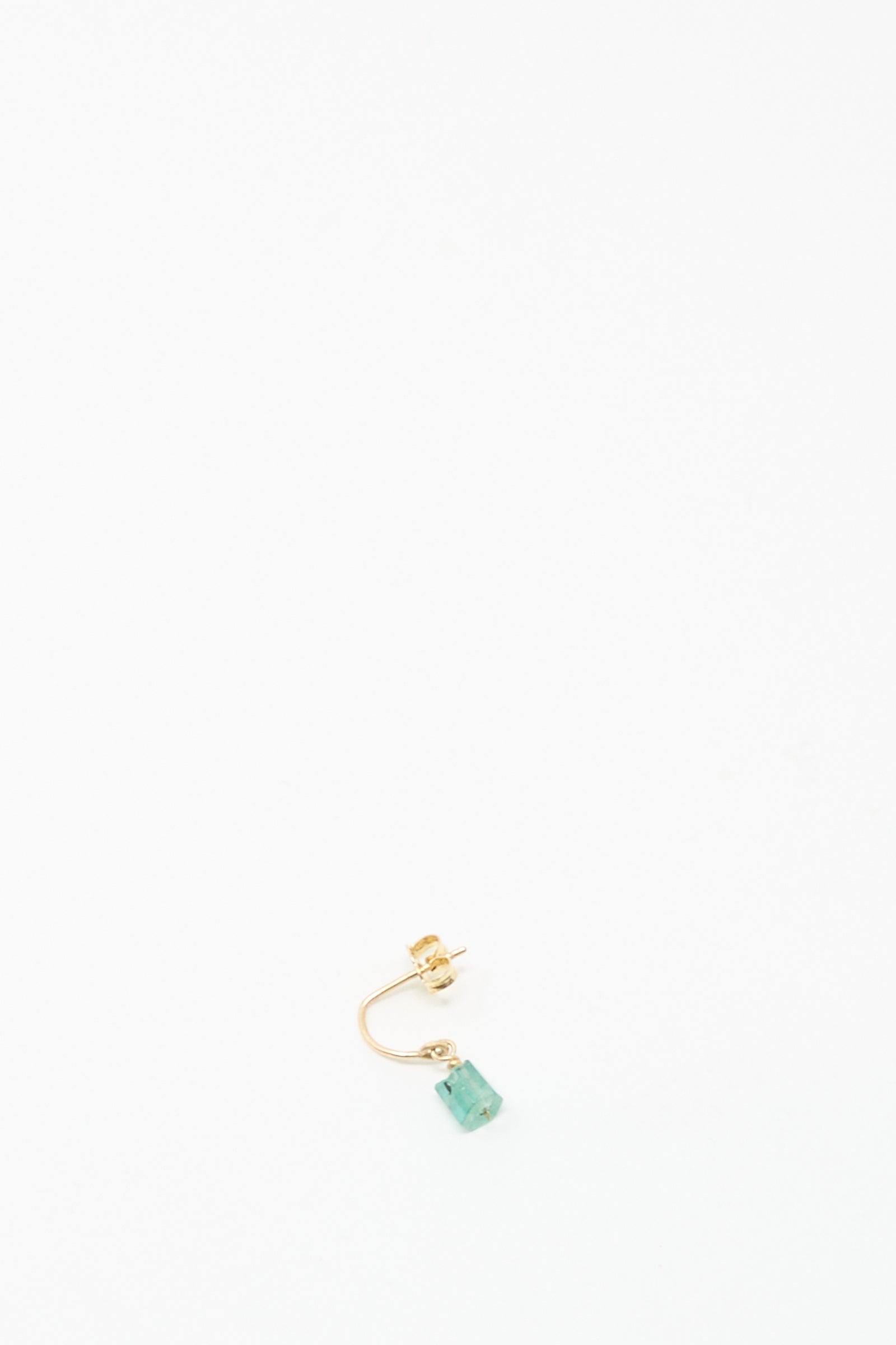 The Mary MacGill 14K Crescent Charm Single Earring features a handmade rectangular faceted green emerald pendant, shown against a plain white background.
