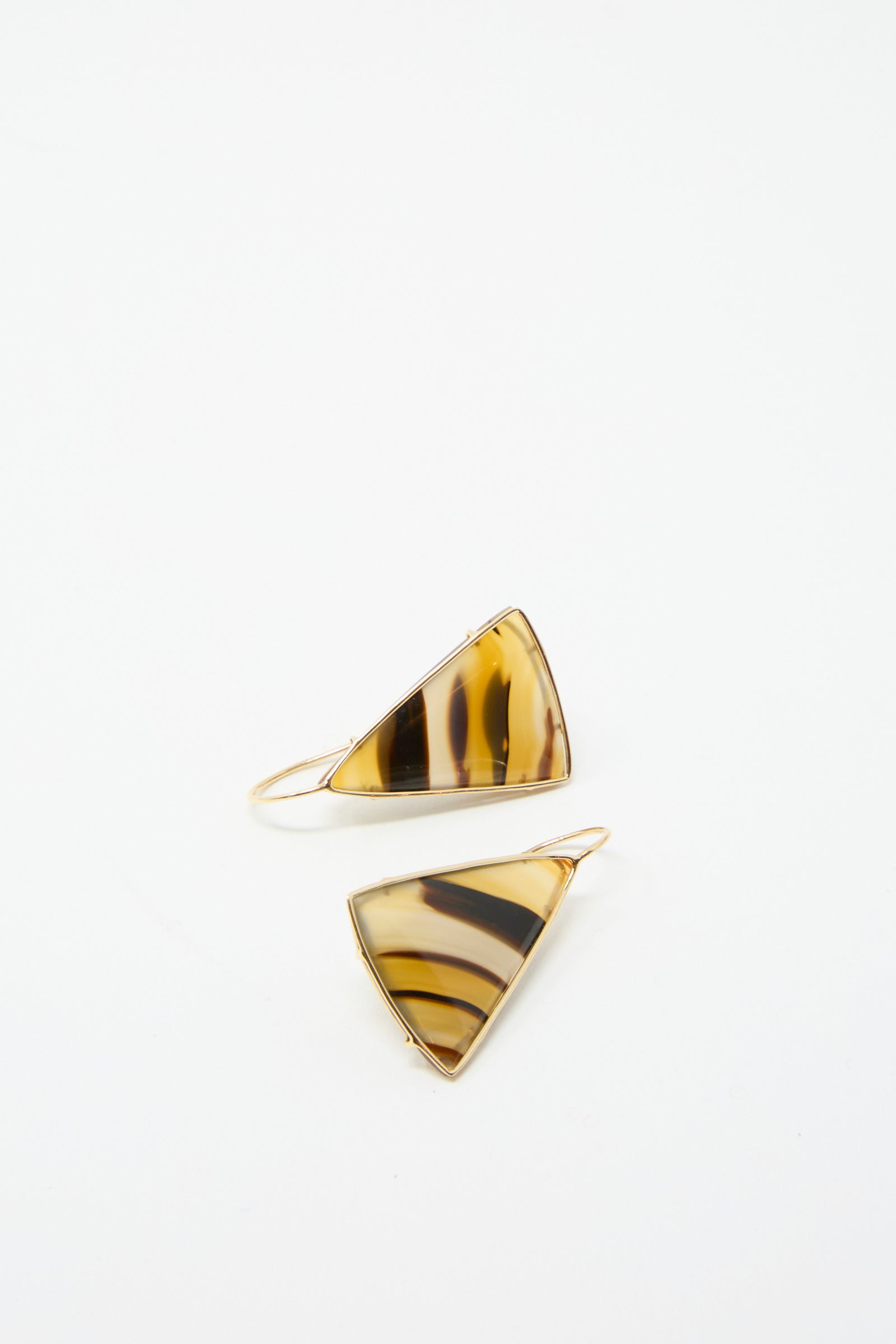 Two 14K Floating Drop Earrings by Mary MacGill, showcasing the elegant banded agate design, rest gracefully against a simple white background.