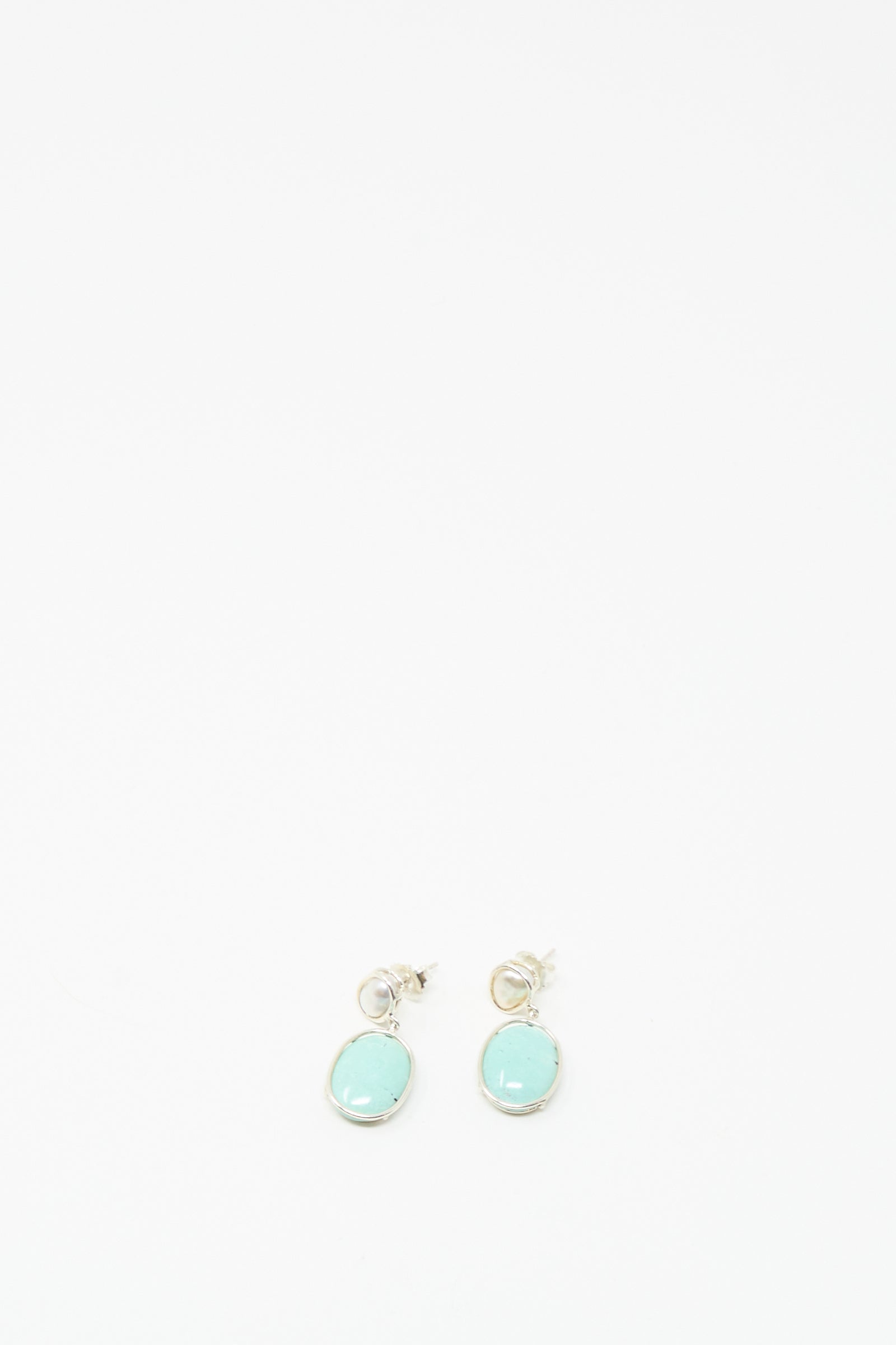 The Double Stone Drop Earrings in Keshi Pearl and Turquoise by Mary MacGill, shown on a white background, are perfect for handmade jewelry lovers.