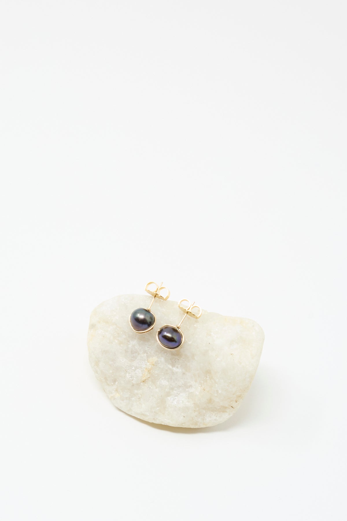 Grande Baroque Pearl Studs in Charcoal by Mary MacGill—elegant, gold-filled earrings with dark pearls, perfect for any occasion.