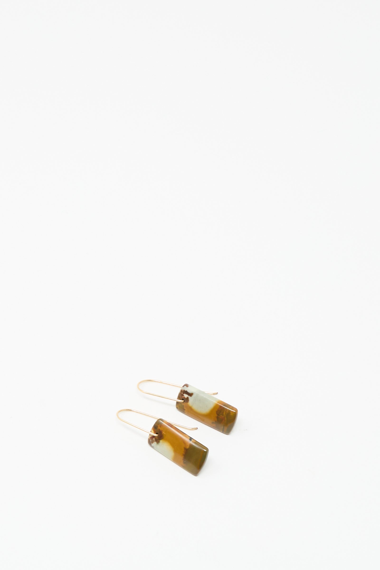 A pair of handmade Stone Drop Earrings in blue brown agate stone by Mary MacGill, featuring rectangular shapes and 14k gold-filled hooks, displayed against a plain white background.