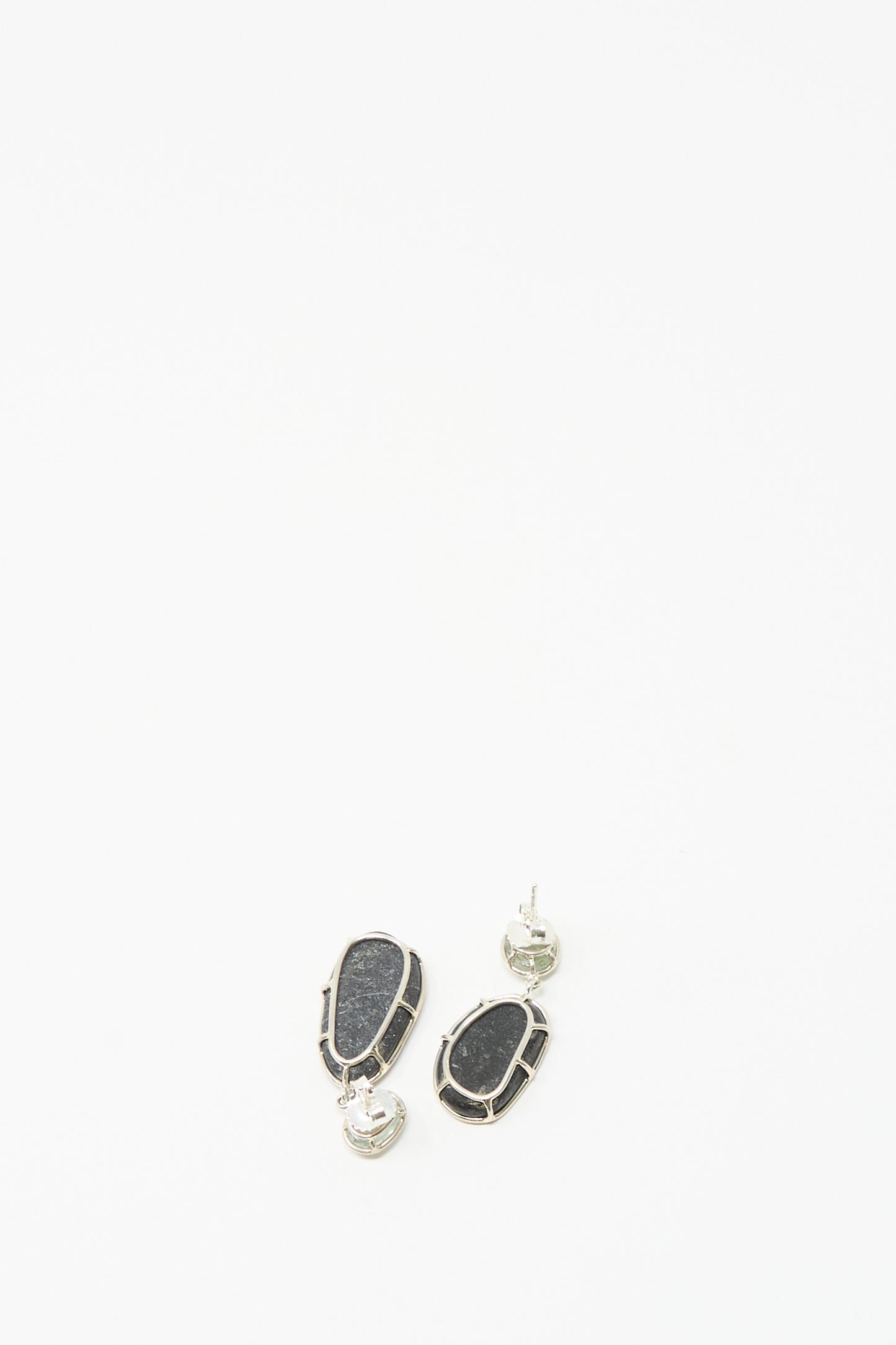 The Double Stone Drop Earrings by Mary MacGill feature dark island stone and tourmaline set in sterling silver, shown against a plain white background.