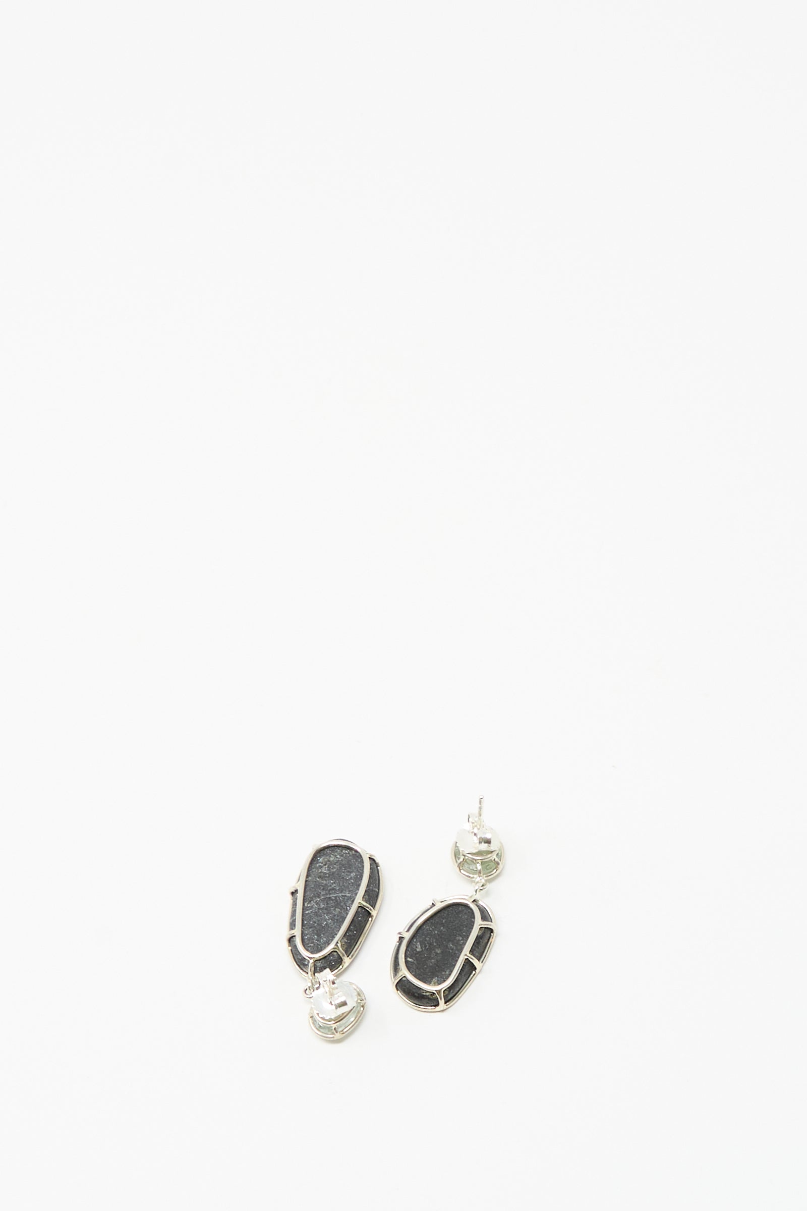 The Double Stone Drop Earrings by Mary MacGill feature dark island stone and tourmaline set in sterling silver, shown against a plain white background.