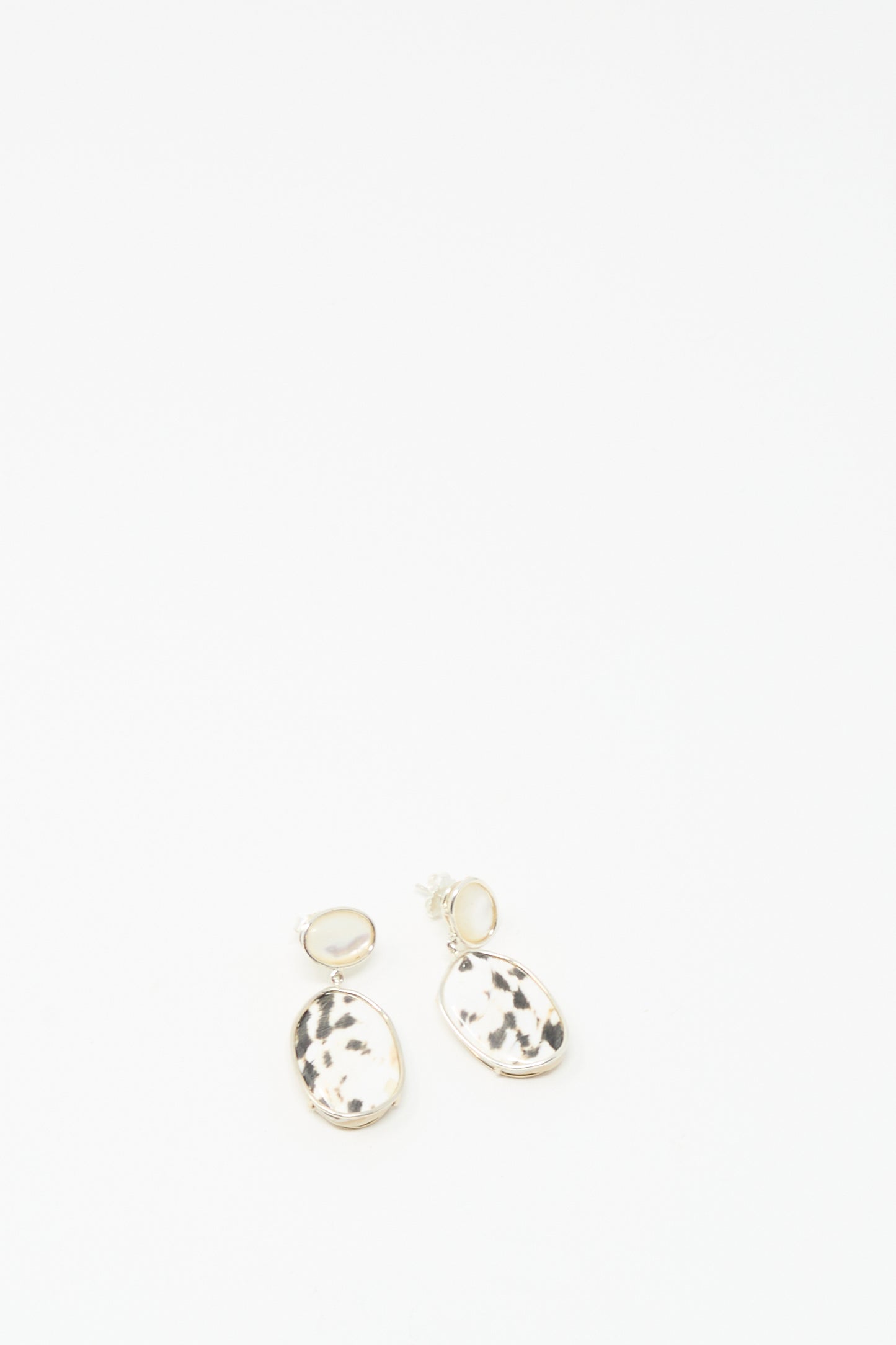 Mary MacGill's Double Stone Drop Earrings in Moonstone and Cowrie Shell feature oval, black-and-white patterned pendants