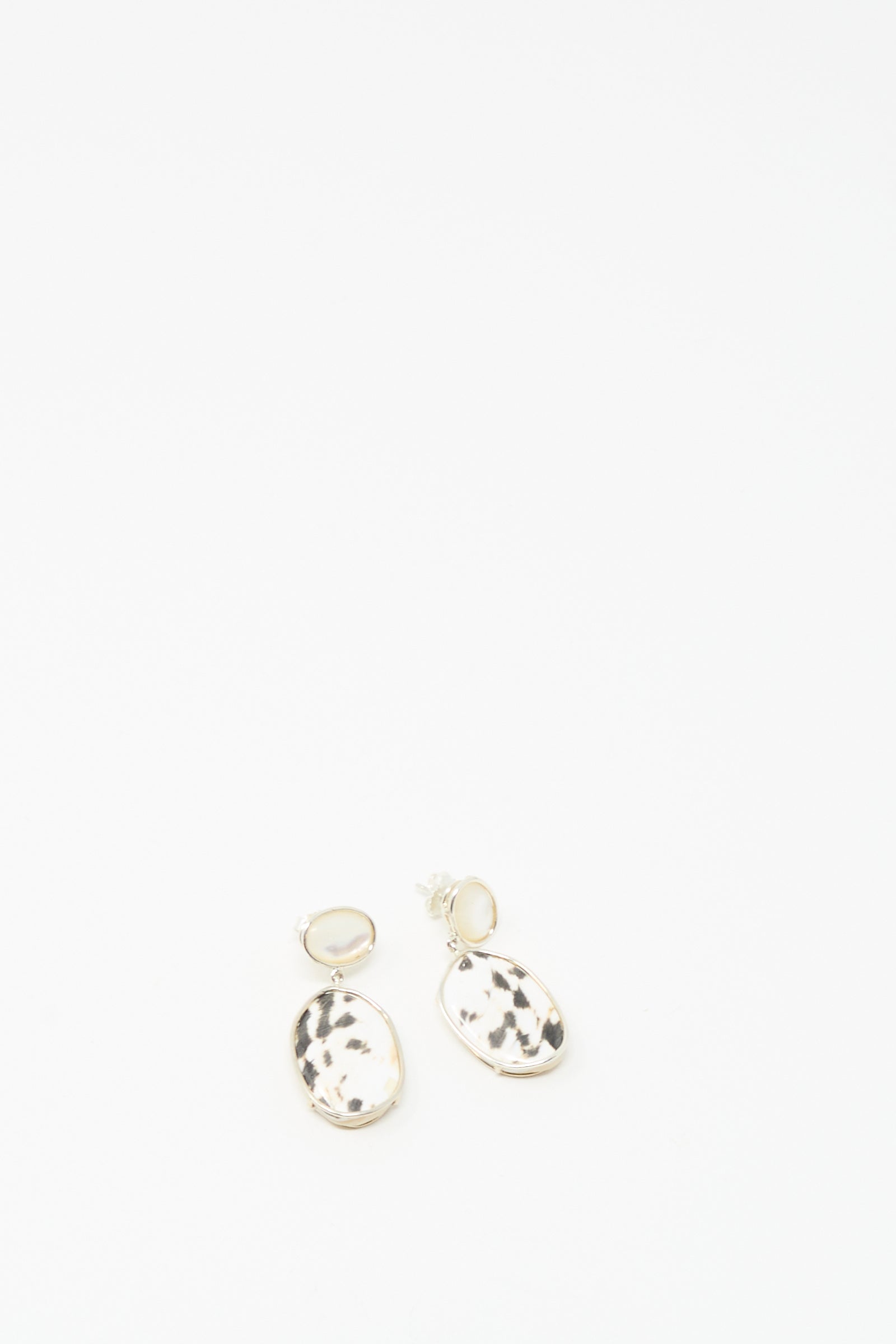 Mary MacGill's Double Stone Drop Earrings in Moonstone and Cowrie Shell feature oval, black-and-white patterned pendants