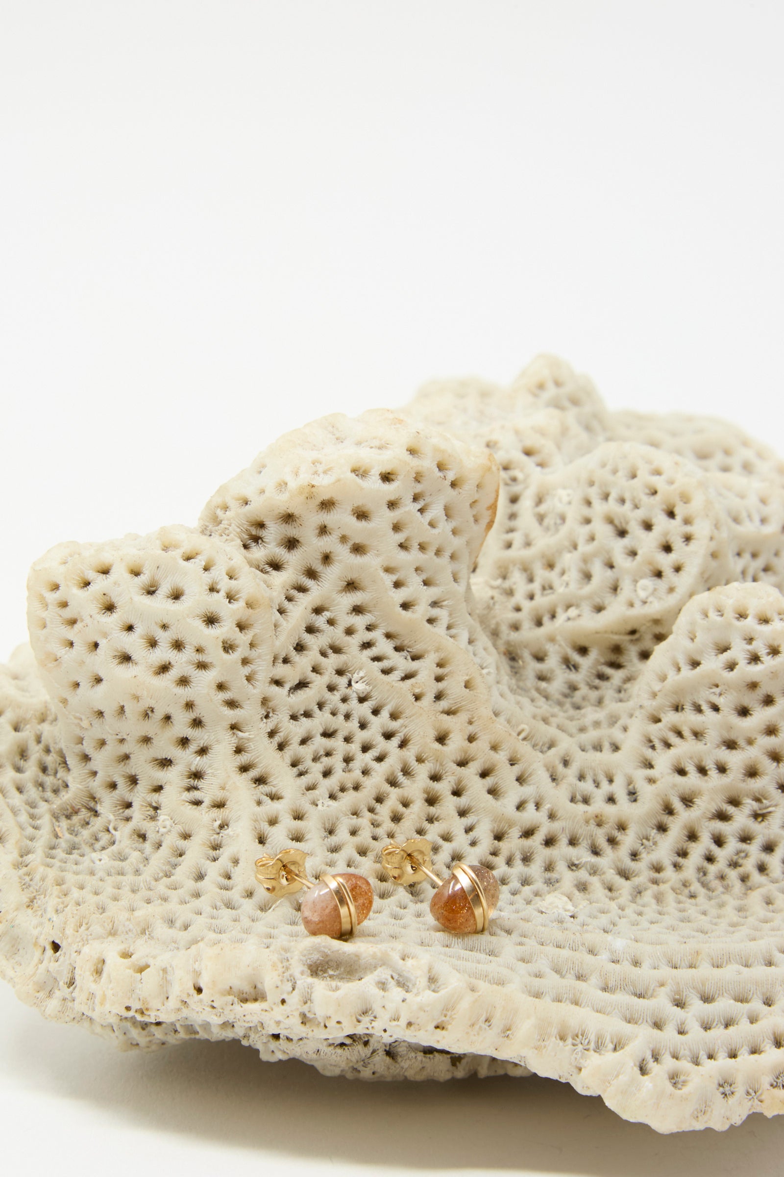 The Stone Studs in Sunstone by Mary MacGill: A stunning pair of handmade earrings crafted with sunstone pictured on a textured white coral base against a white background. 