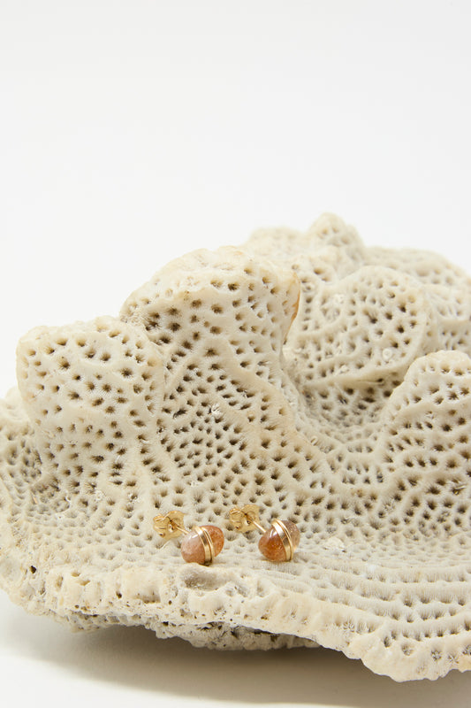 The Stone Studs in Sunstone by Mary MacGill: A stunning pair of handmade earrings crafted with sunstone pictured on a textured white coral base against a white background. 