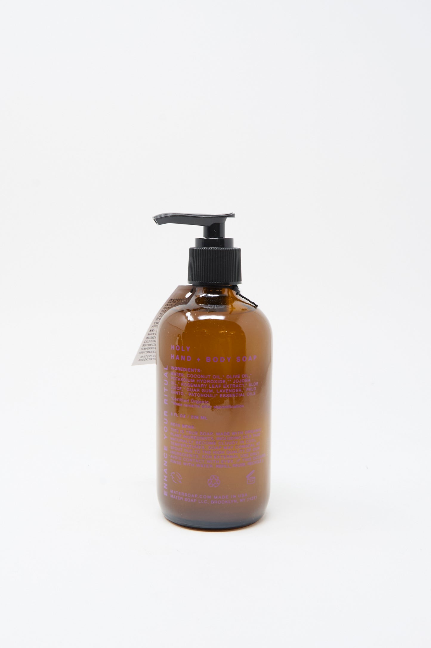 A brown pump bottle labeled "Hand and Body Holy Soap" by Mater Soap is displayed against a plain white background.