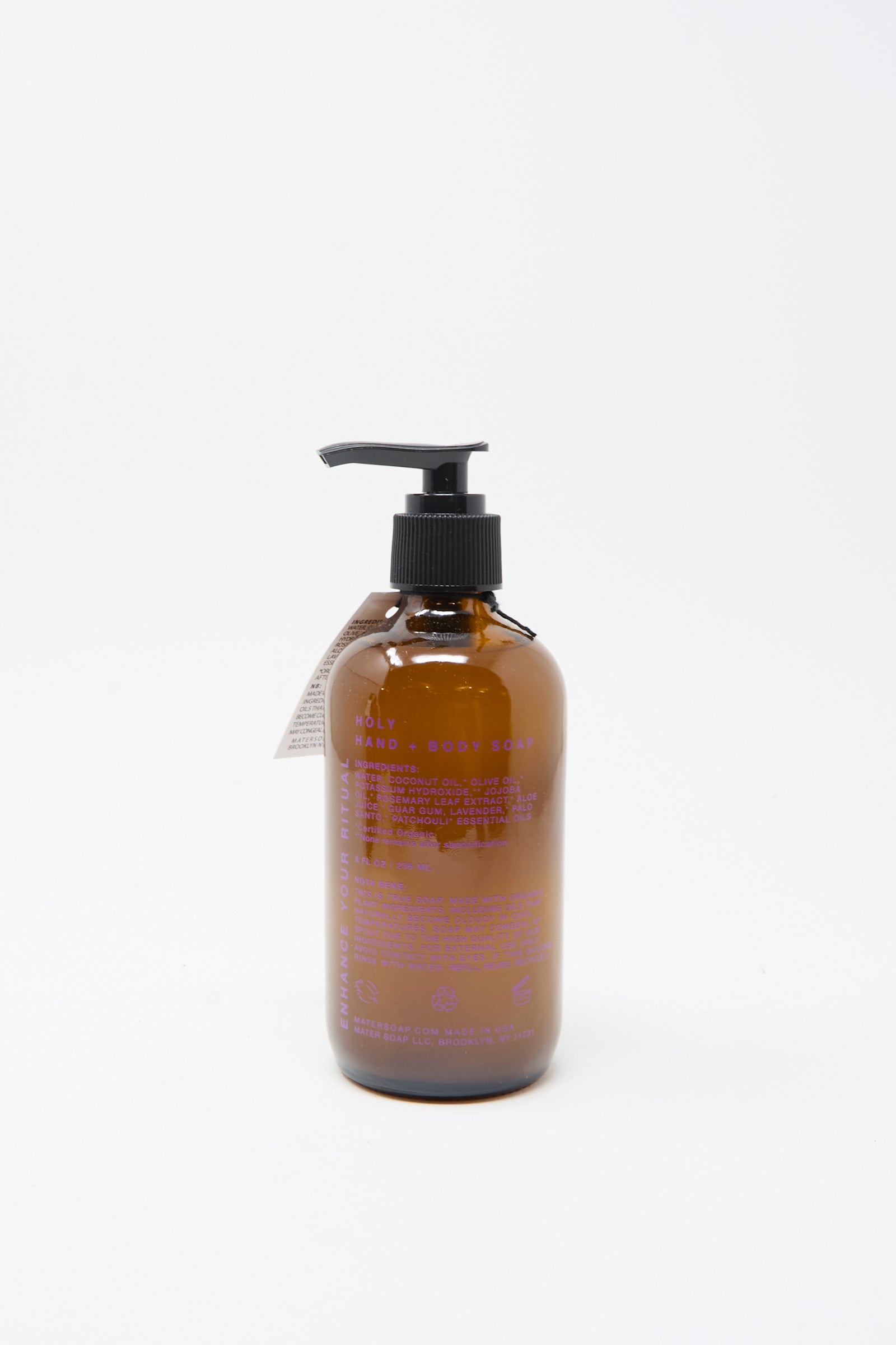 A brown pump bottle labeled "Hand and Body Holy Soap" by Mater Soap is displayed against a plain white background.