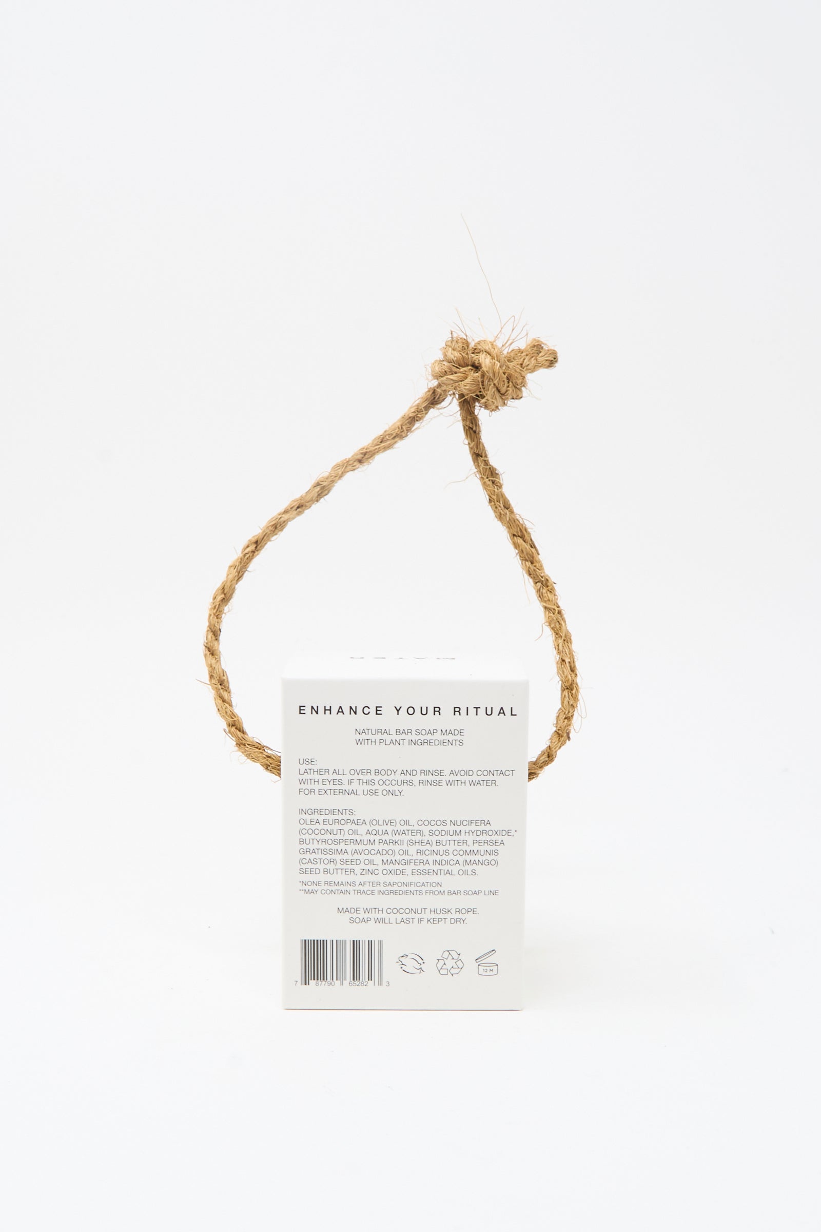 The Re-Bar Rope Soap by Mater Soap features a hemp loop, shown from the back with instructions and ingredients displayed on the packaging.