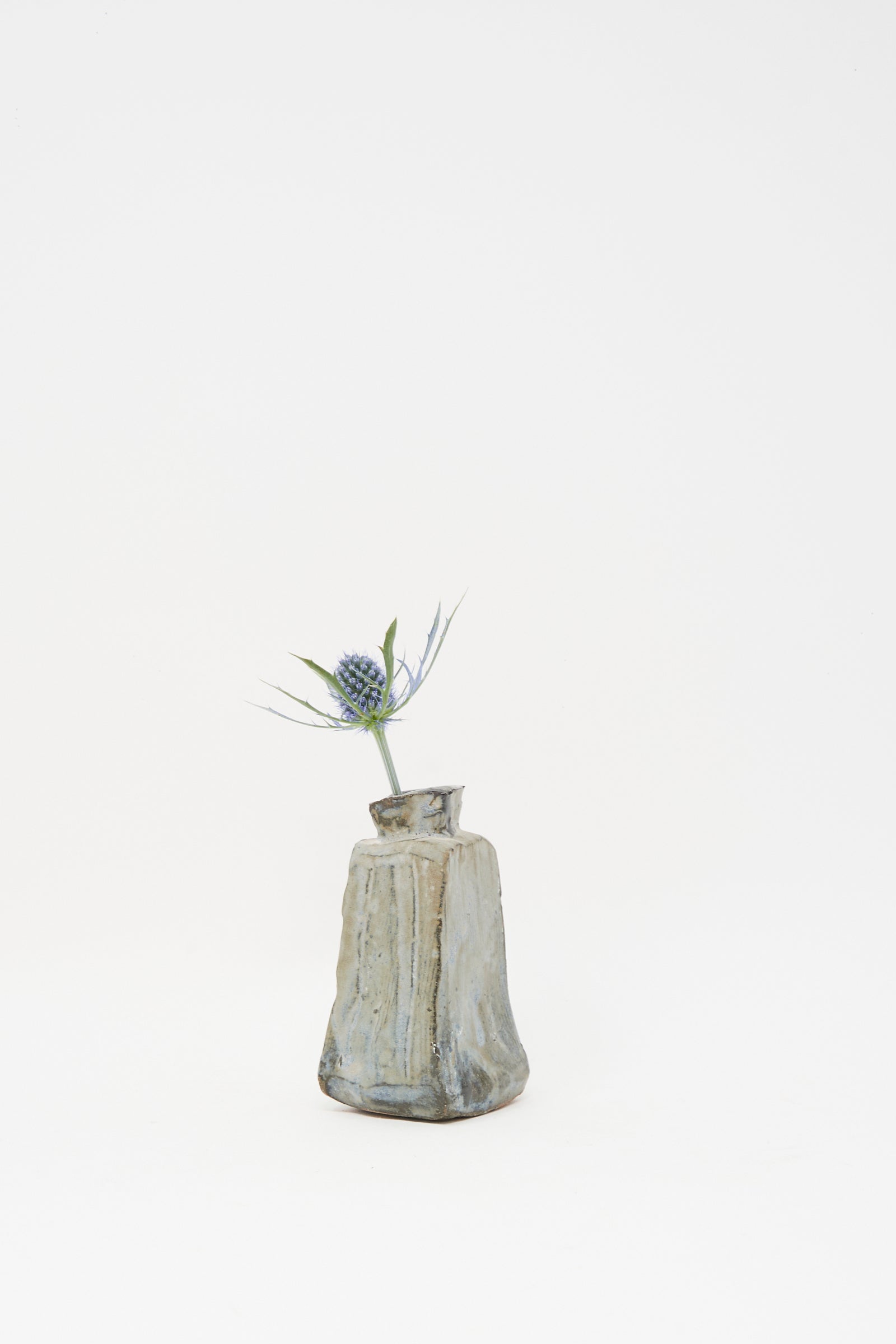 The Carved Bud Vase II by MONDAYS displays a single spiky thistle flower against a plain white backdrop, capturing minimalist Brooklyn charm.