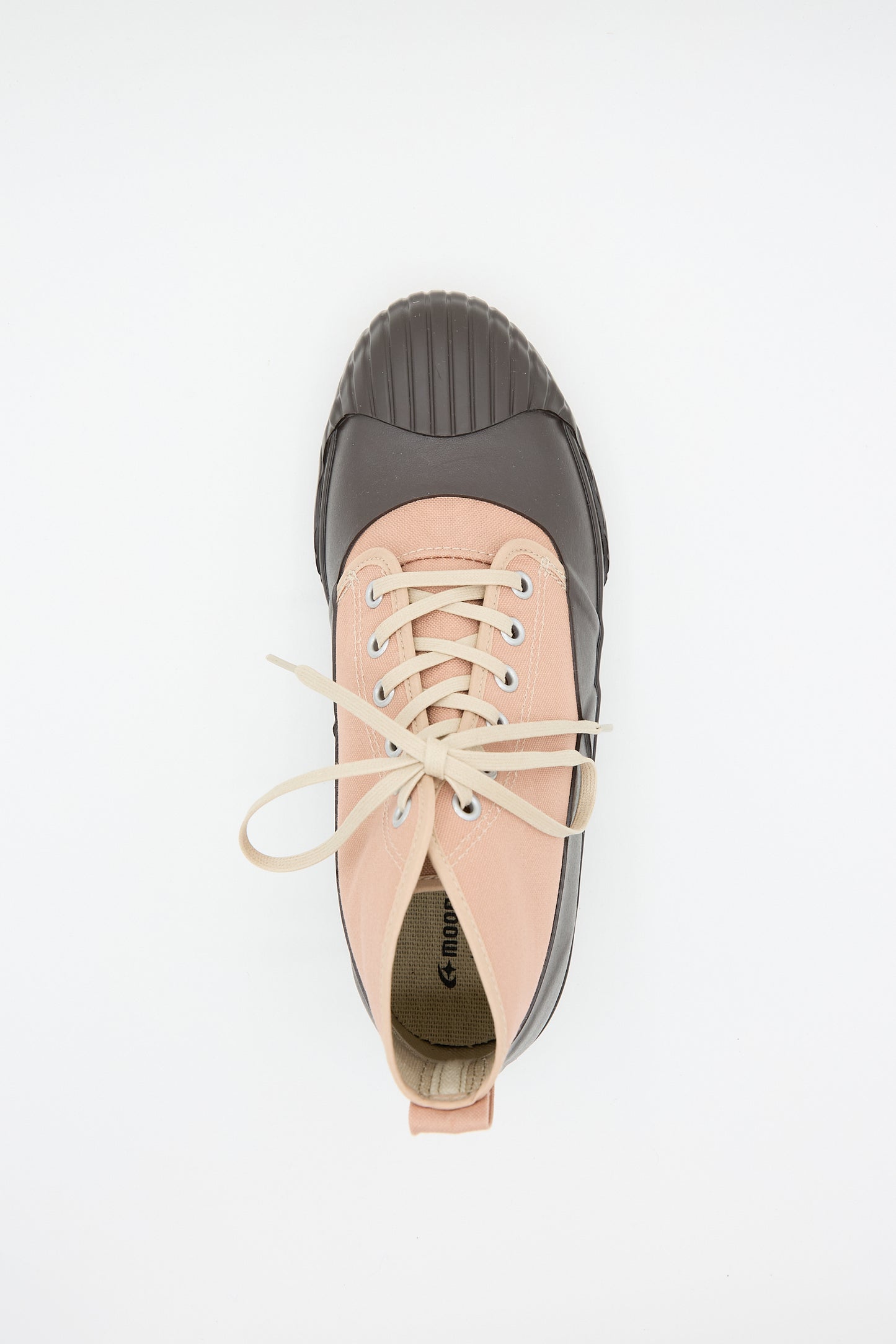 A single pink and brown **Alweather Sneaker in Coral** with a canvas upper and rubber toe cap, viewed from above, handmade in Japan on a white background by **Moonstar**.