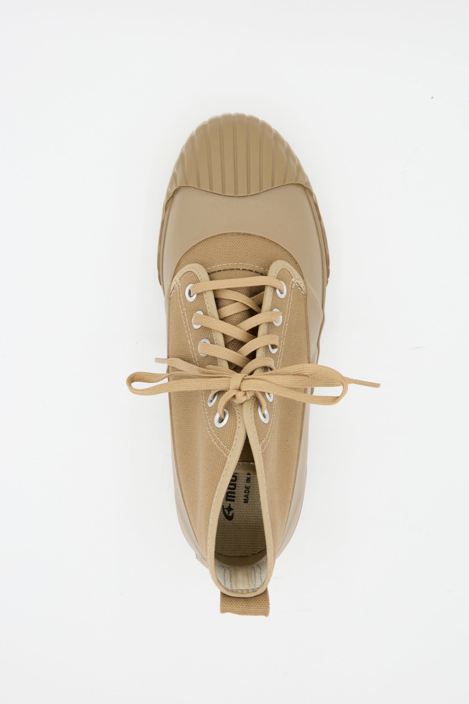 The Moonstar Alweather Sneaker in Light Brown is a canvas lace-up shoe with a ribbed rubber toe cap, shown from above on a white background.