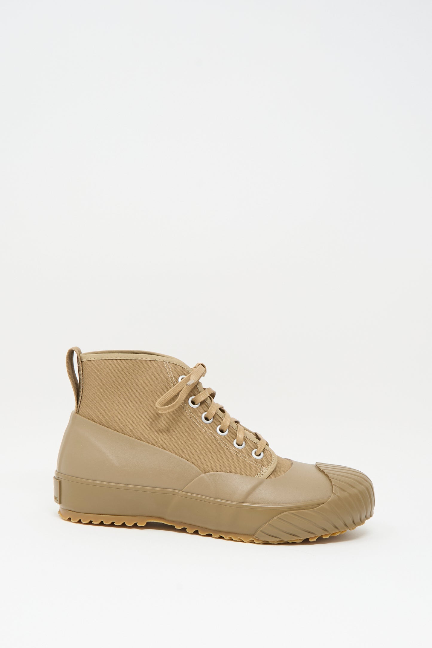 The Moonstar Alweather Sneaker in Light Brown, a high-top canvas lace-up shoe with rubber sole and toe cap, is shown from the side on a plain white background.