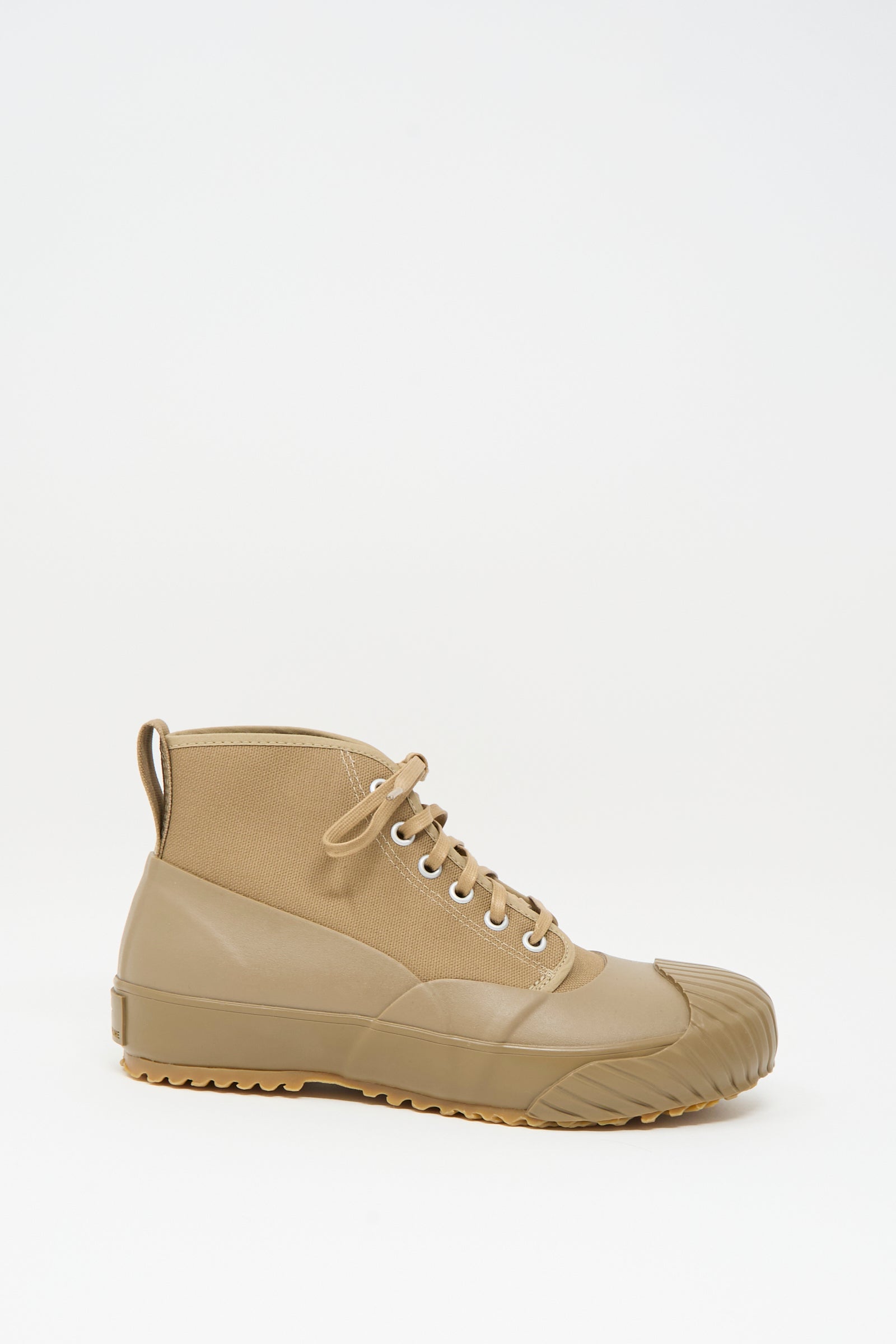 The Moonstar Alweather Sneaker in Light Brown, a high-top canvas lace-up shoe with rubber sole and toe cap, is shown from the side on a plain white background.