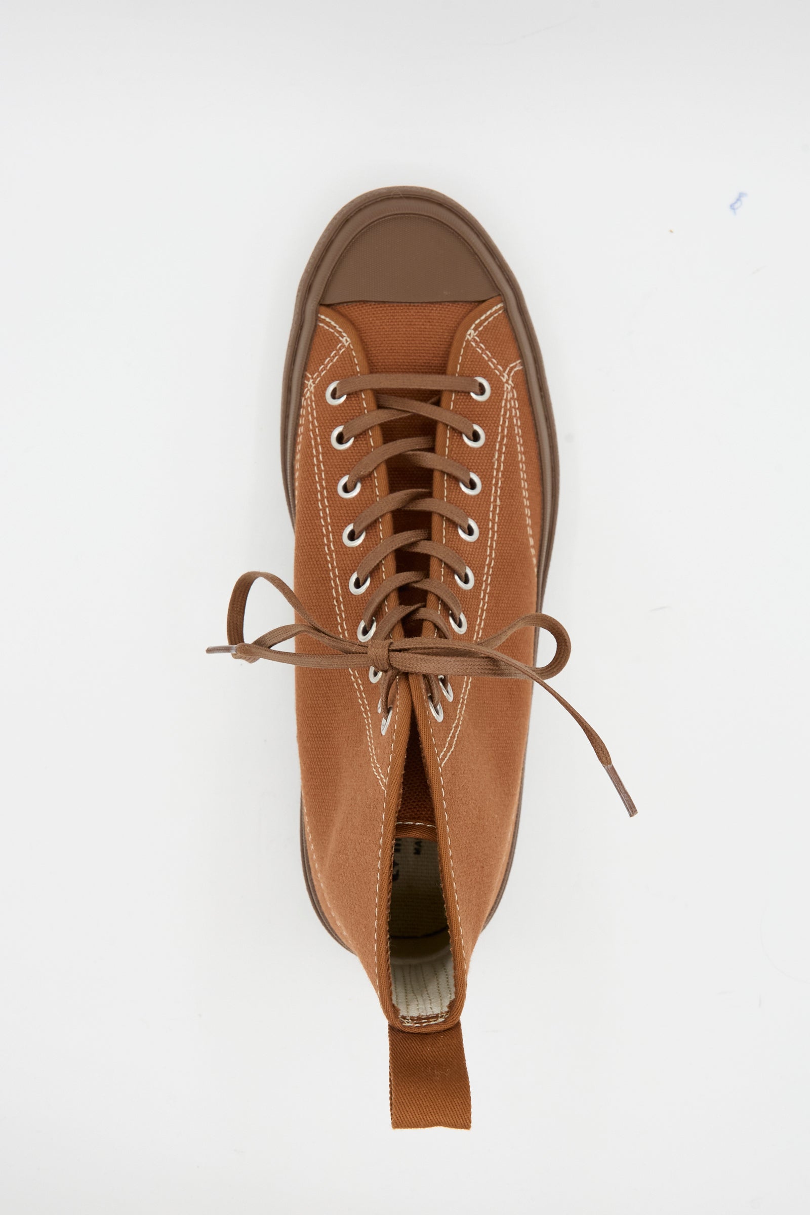 The Moonstar Hi Basket Sneaker in Brown is a vintage-inspired high-top with white stitching and laces, shown from above on a plain white background.