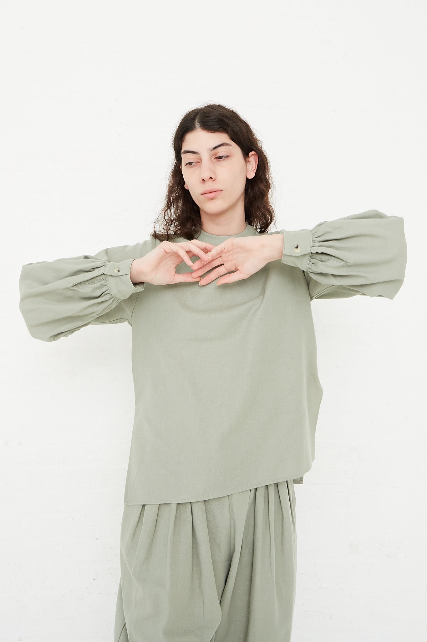 Cotton Twill Puff Sleeve Blouse in Agave by Black Crane for Oroboro Front
