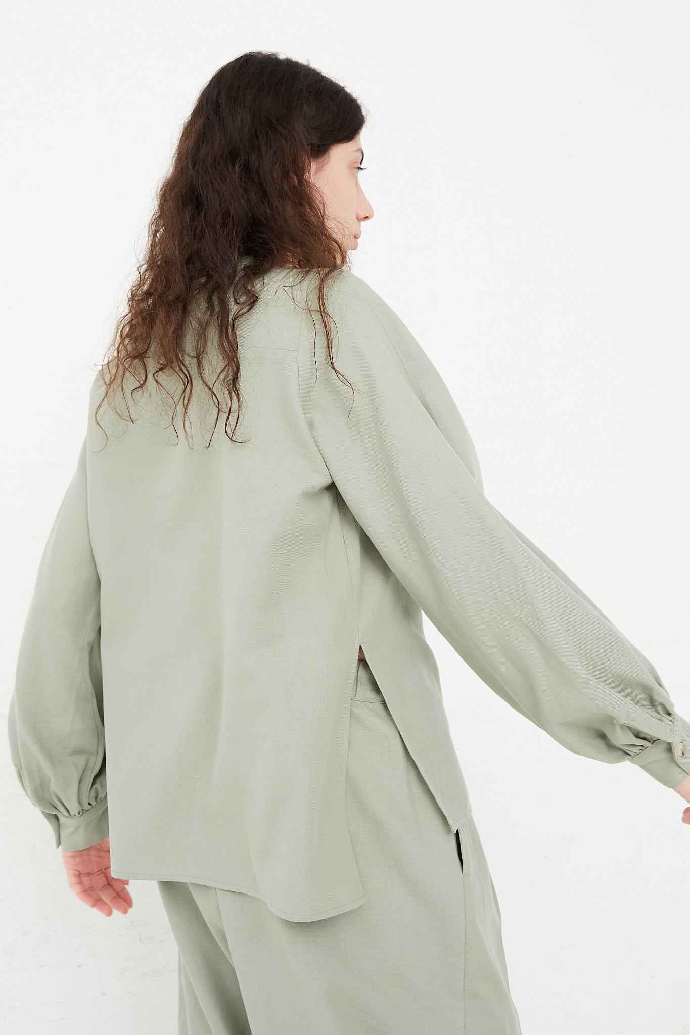 Cotton Twill Puff Sleeve Blouse in Agave by Black Crane for Oroboro Side