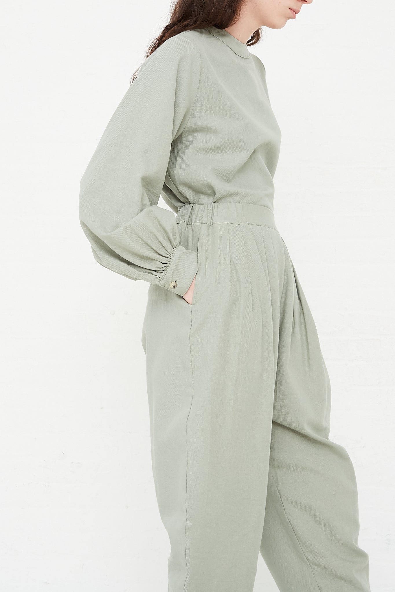 Cotton Twill Draped Pants in Agave by Black Crane for Oroboro Side 