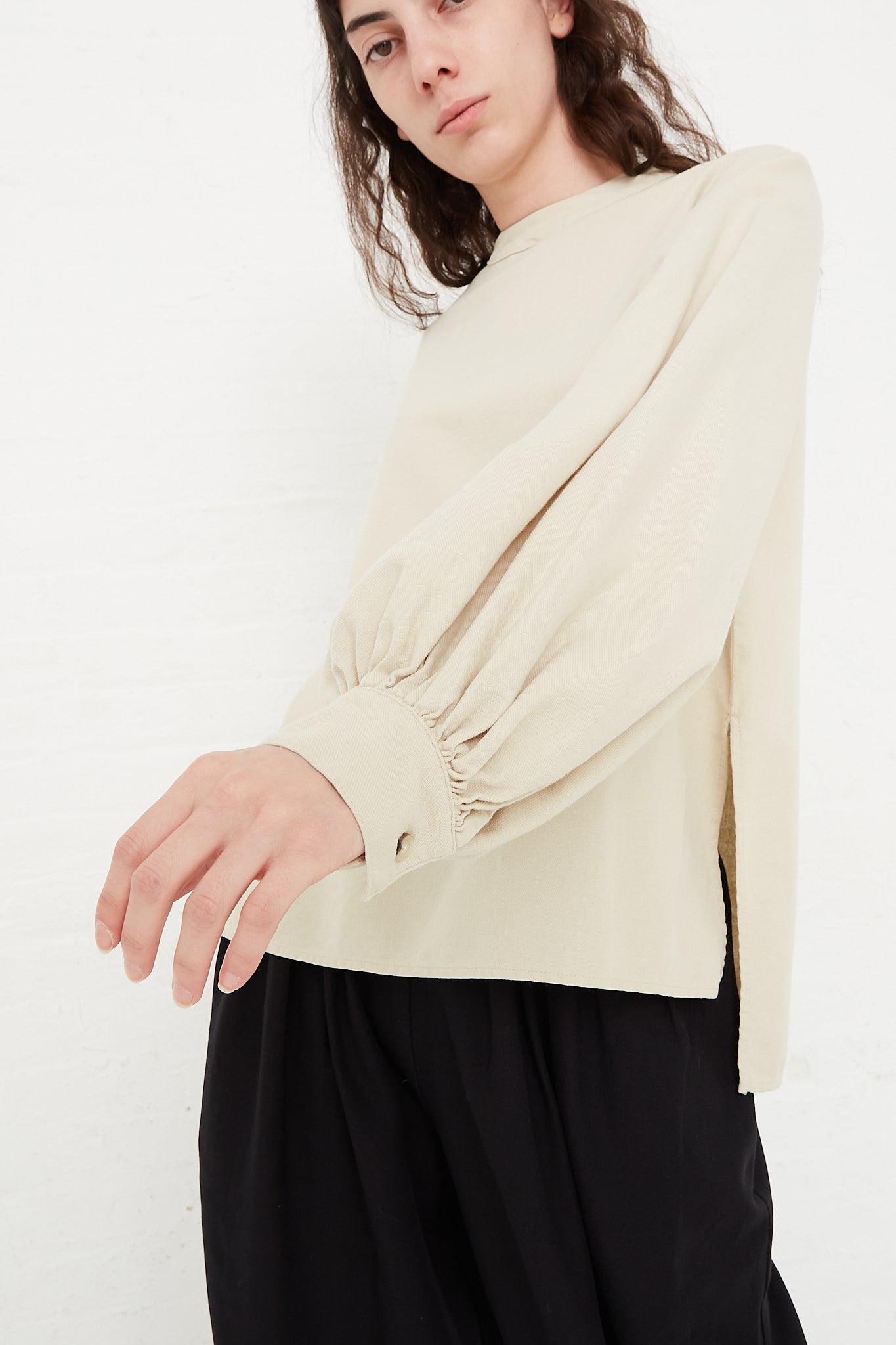 Cotton Twill Puff Sleeve Blouse in Ivory by Black Crane for Oroboro Side Sleeve