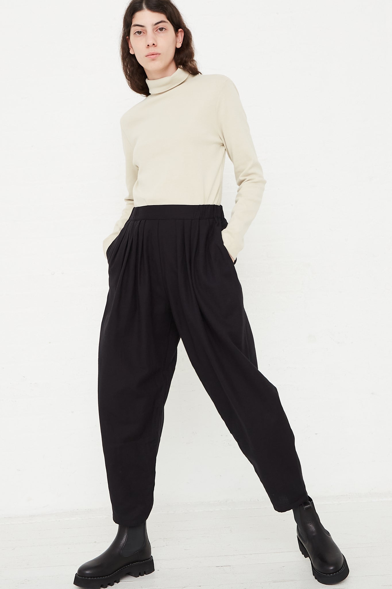 Cotton Twill Draped Pants in Black by Black Crane for Oroboro Front
