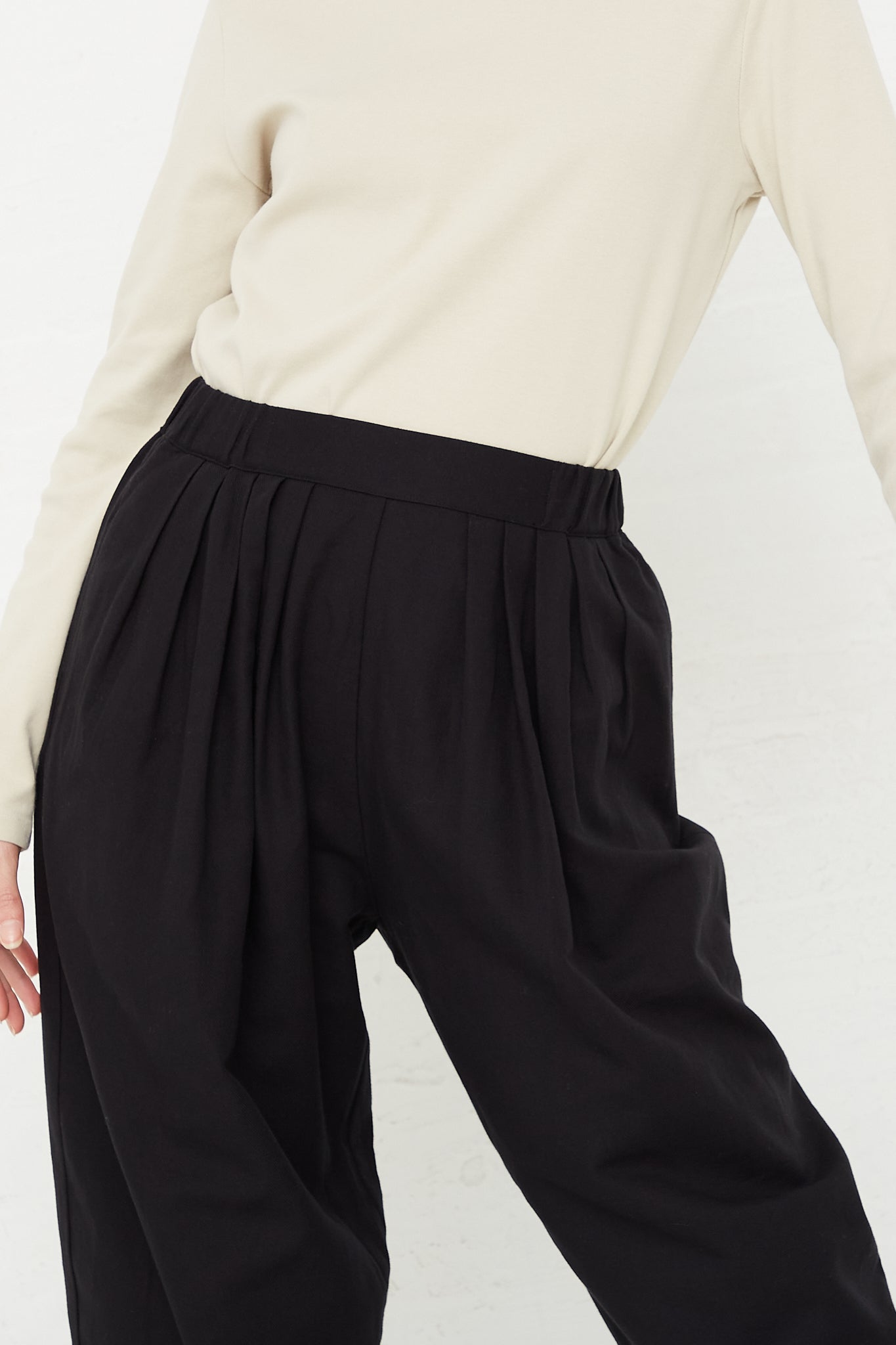 Cotton Twill Draped Pants in Black by Black Crane for Oroboro Upclose