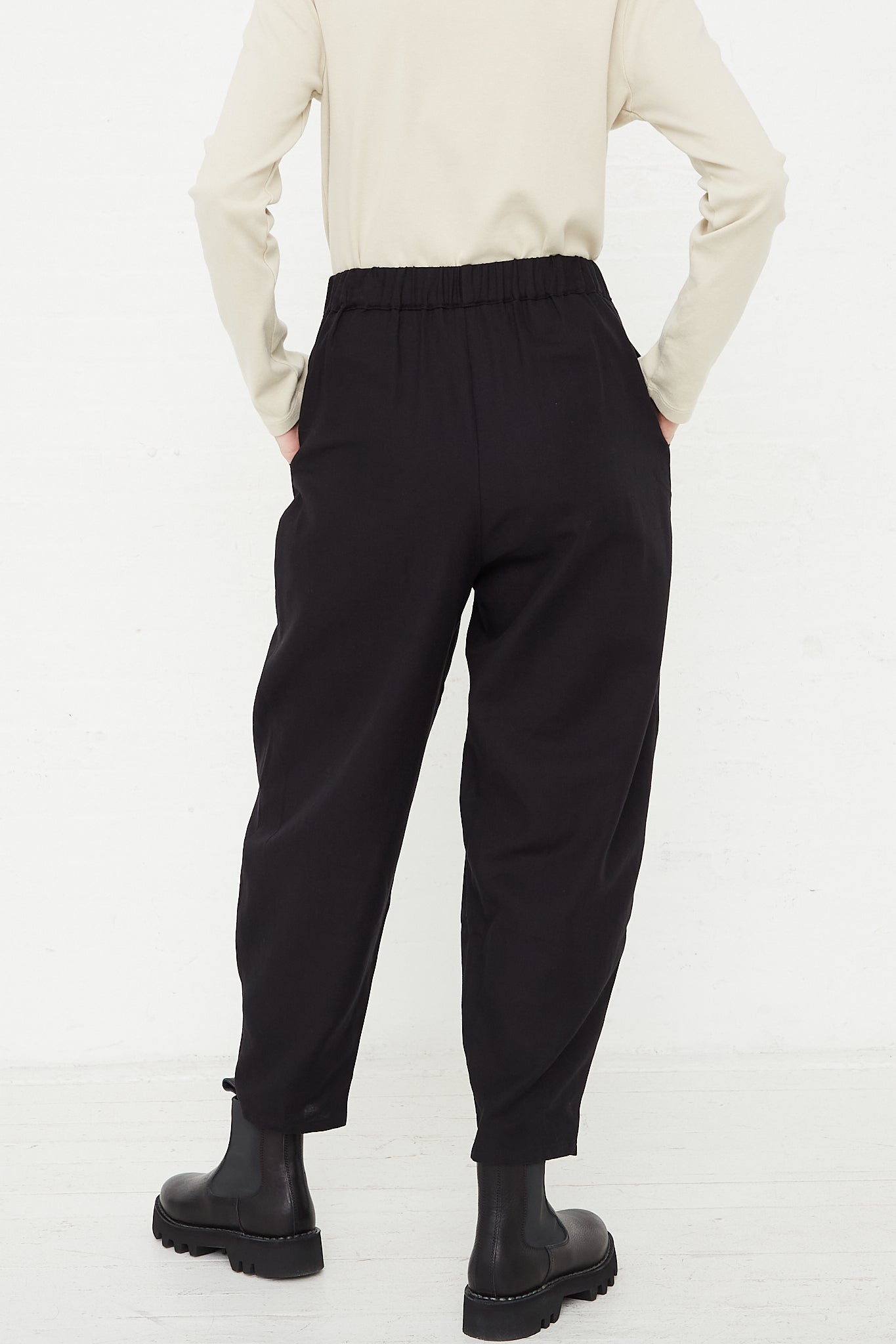 Cotton Twill Draped Pants in Black by Black Crane for Oroboro Back