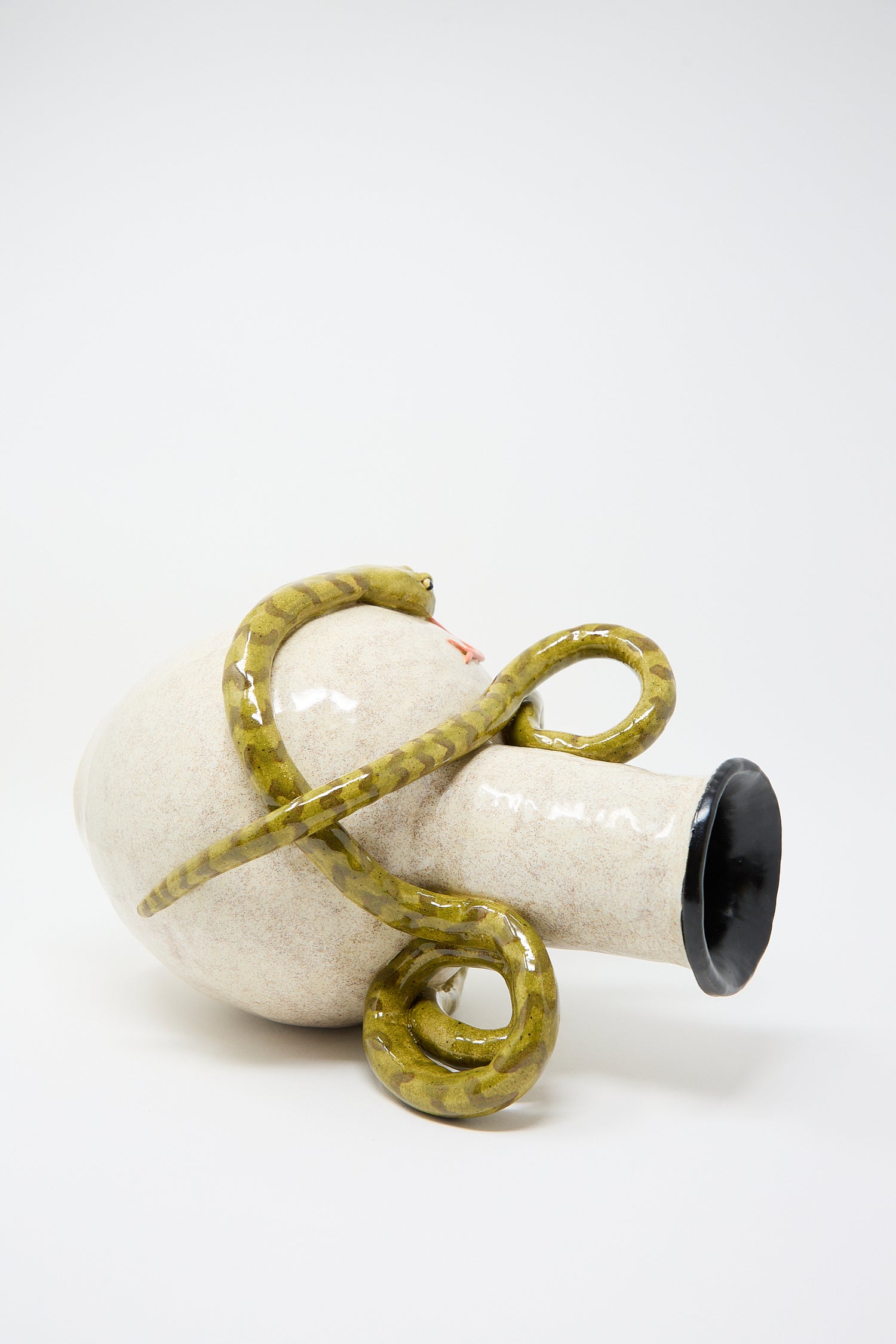 Pearce Williams Snake Amphora Vase with a realistic green snake sculpture wrapped around it, set against a plain white background.