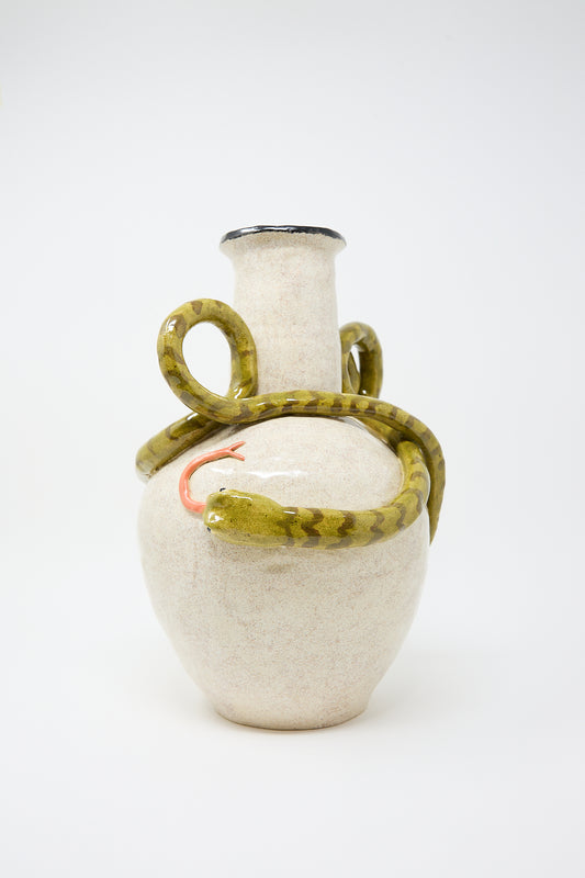 A Snake Amphora Vase by Pearce Williams with a unique design featuring a realistic green and yellow painted snake wrapping around its neck and handle against a plain white background in the style of decorative arts ceramics.