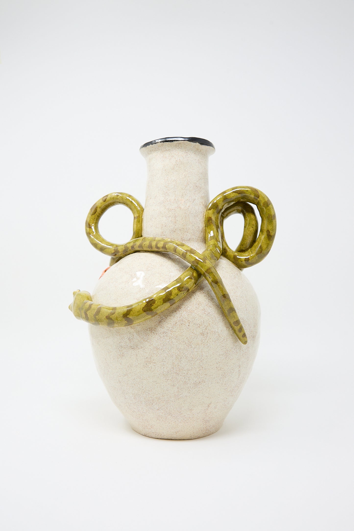 Snake Amphora Vase with a unique design featuring two intertwined green handles on a plain white background, crafted as part of the decorative arts ceramics collection by Pearce Williams.