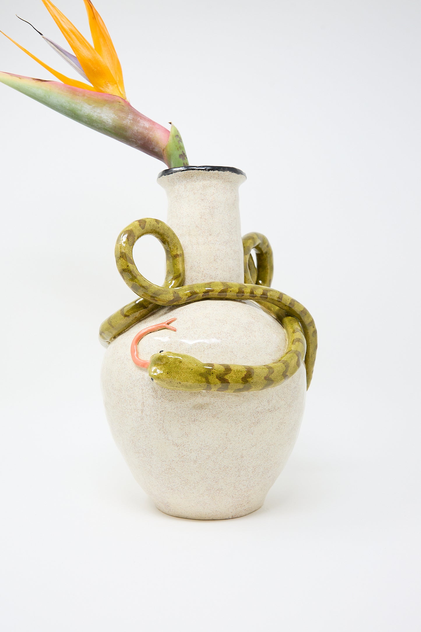 A glazed stoneware vase featuring a Snake Amphora Vase design wrapped around its neck, with a bird of paradise flower inserted at the top by Pearce Williams.