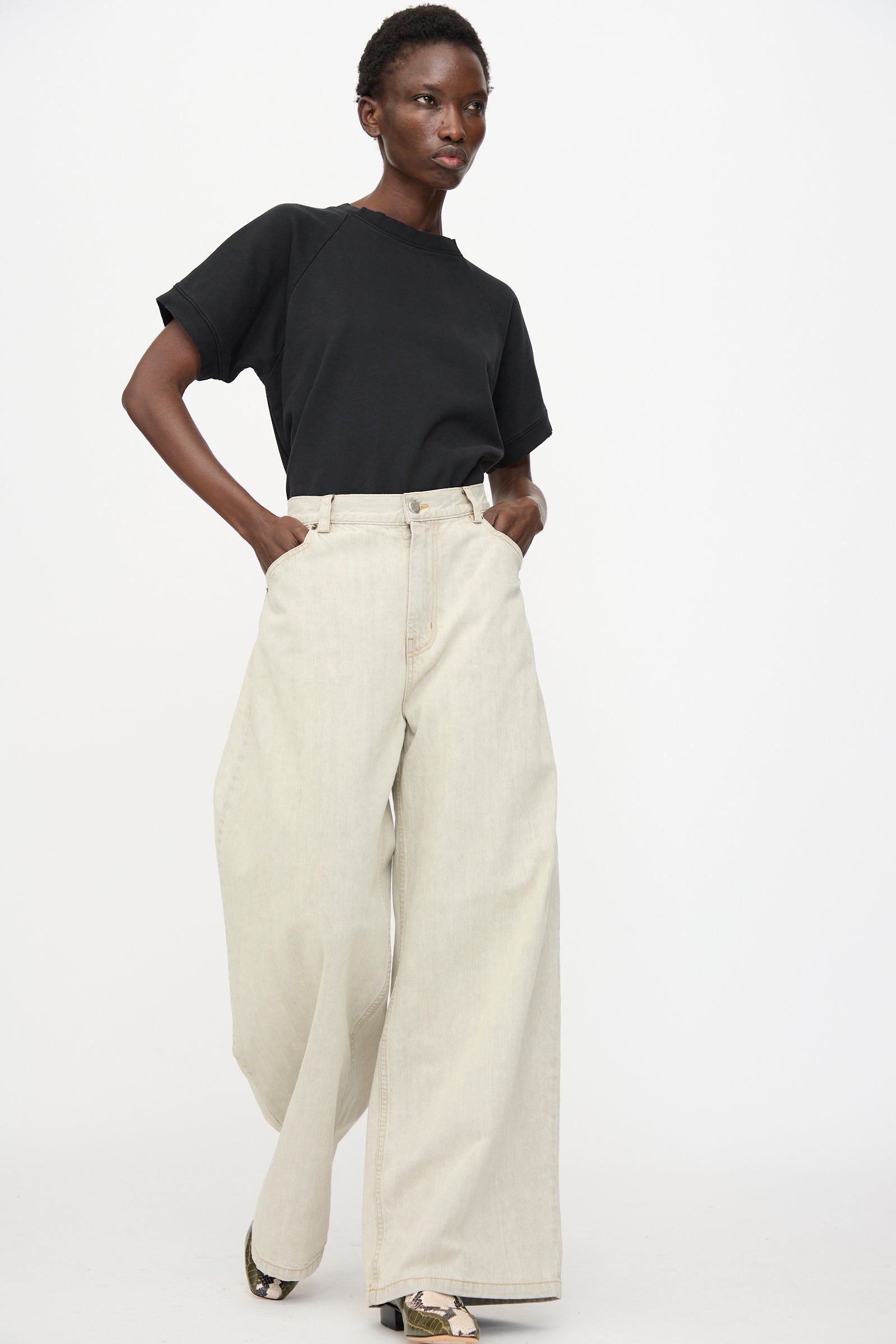 A person stands against a plain white background wearing a black t-shirt, patterned shoes, and the Rachel Comey Dottir Pant in Khaki Wash with one hand in their pocket.