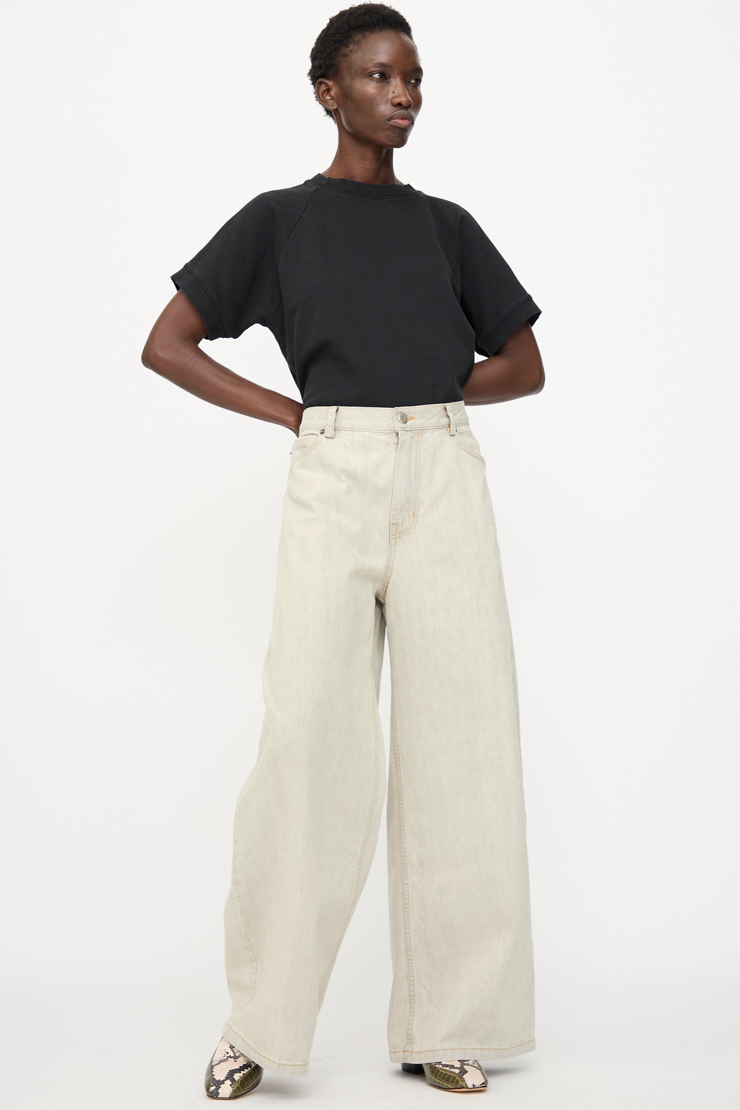 A person stands against a white background wearing a black short-sleeve top, Rachel Comey's Dottir Pant in Khaki Wash, and snakeskin-patterned shoes.